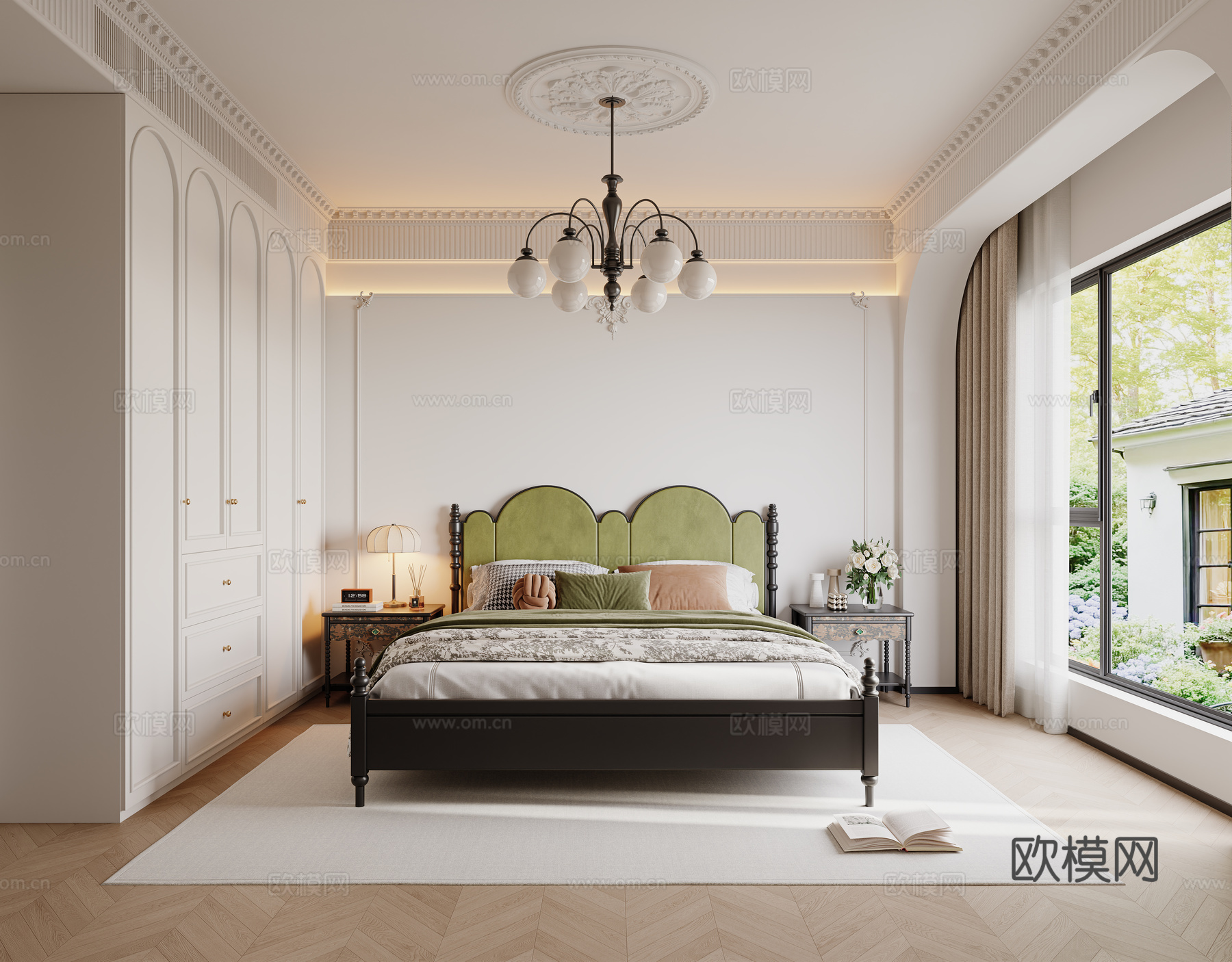 法式卧室 主灯卧室 长辈房 老人房 实木双人床 床头柜 吊灯su模型