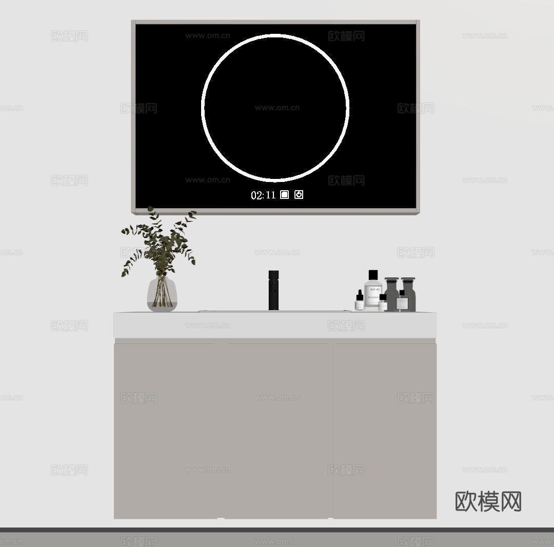 现代极简洗手台 中古浴室柜 台盆柜 装饰品摆件 镜子 水龙头su模型