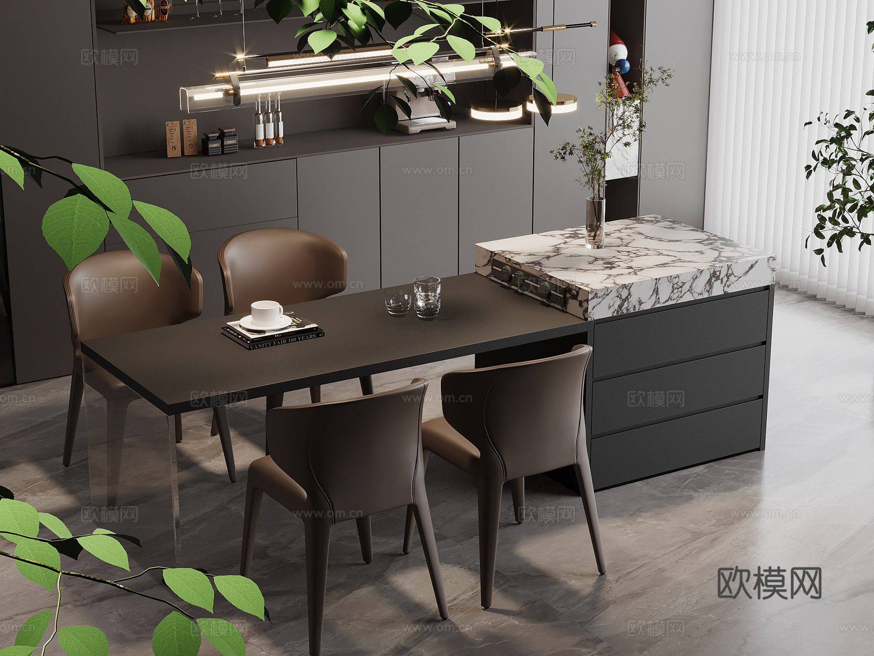现代意式岛台 餐桌椅su模型