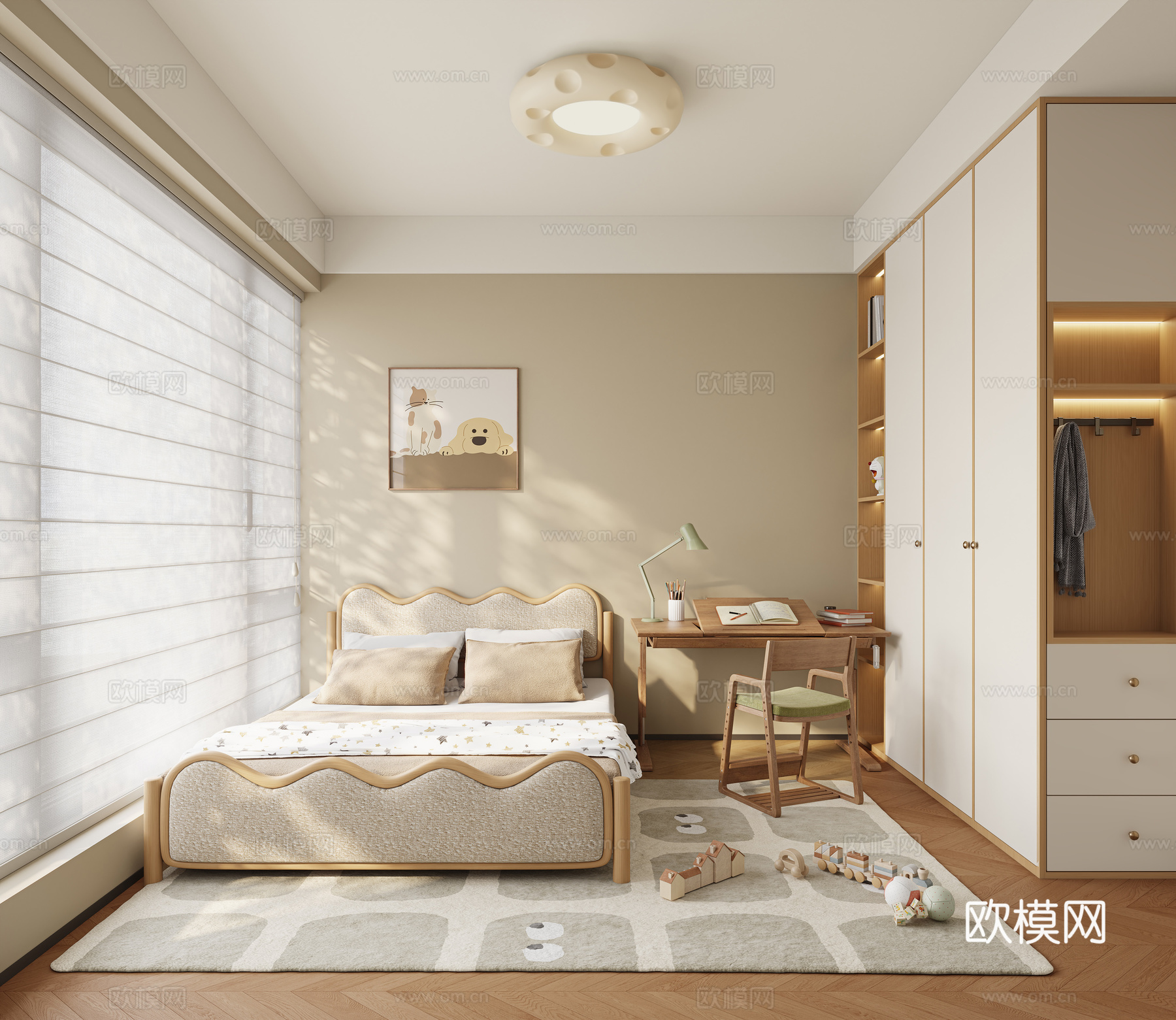 现代儿童房 通用儿童房 实木儿童床 成品书桌椅 升降书桌 实su模型