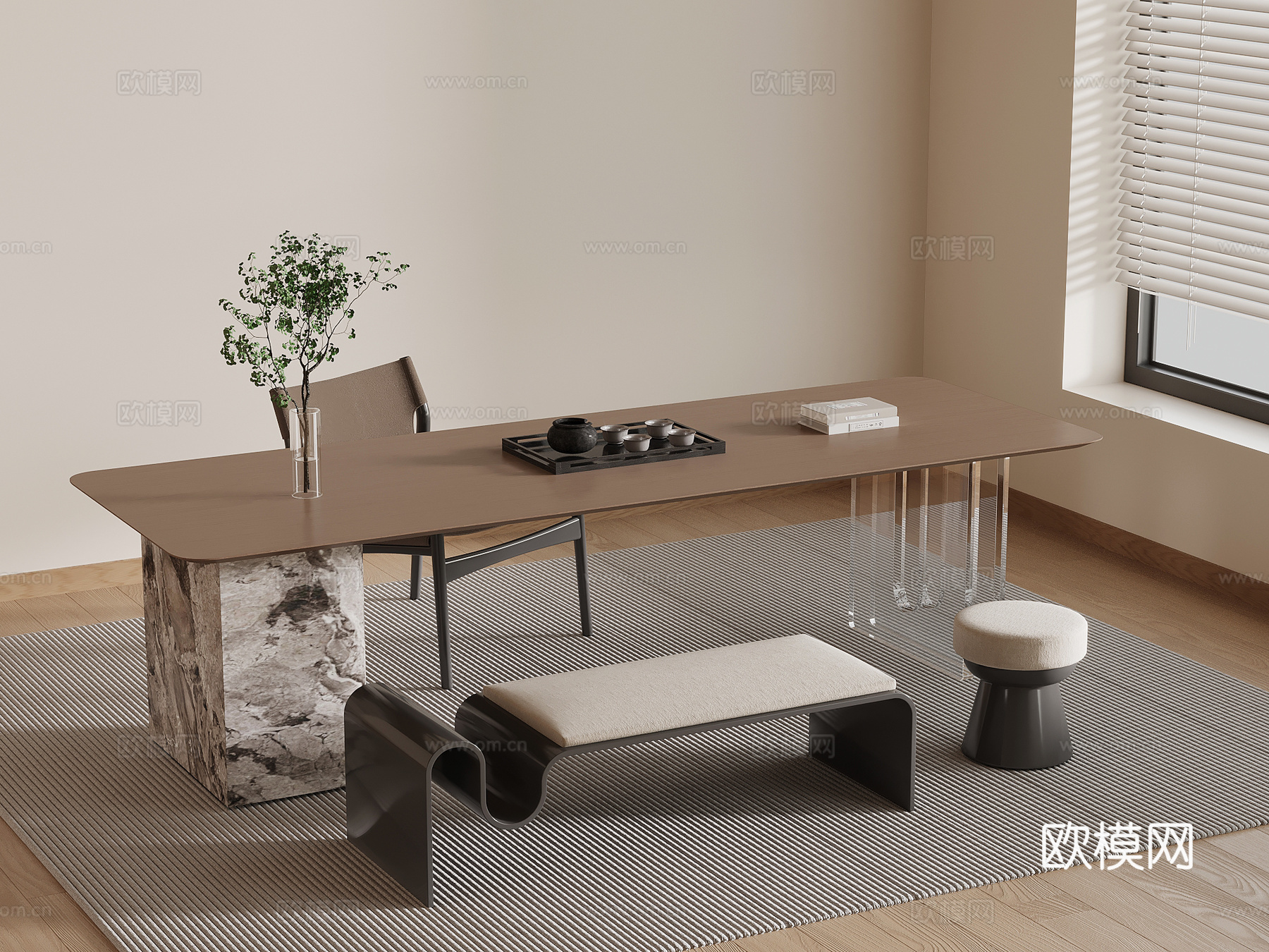 现代意式书桌椅 办公桌椅su模型