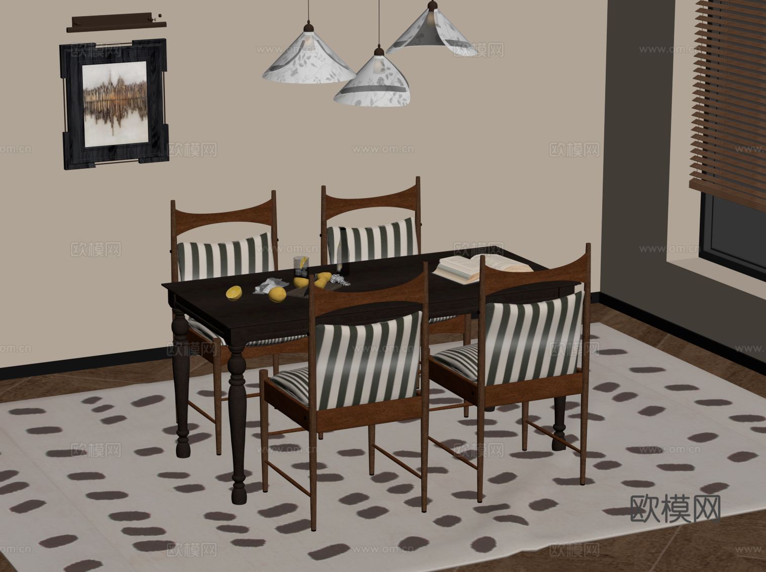 法式复古风餐桌椅 吊灯su模型