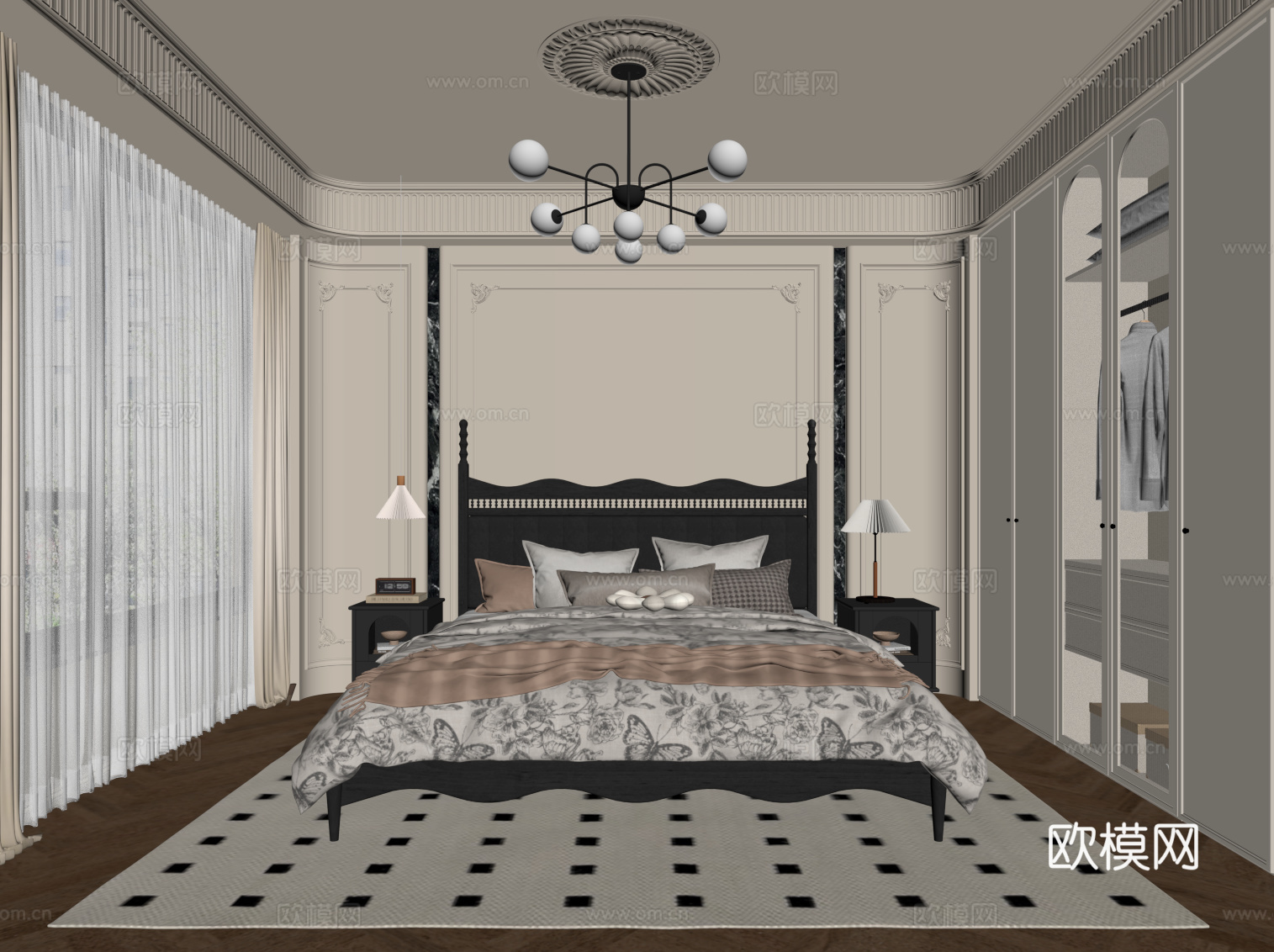 法式卧室 双人床 衣柜su模型