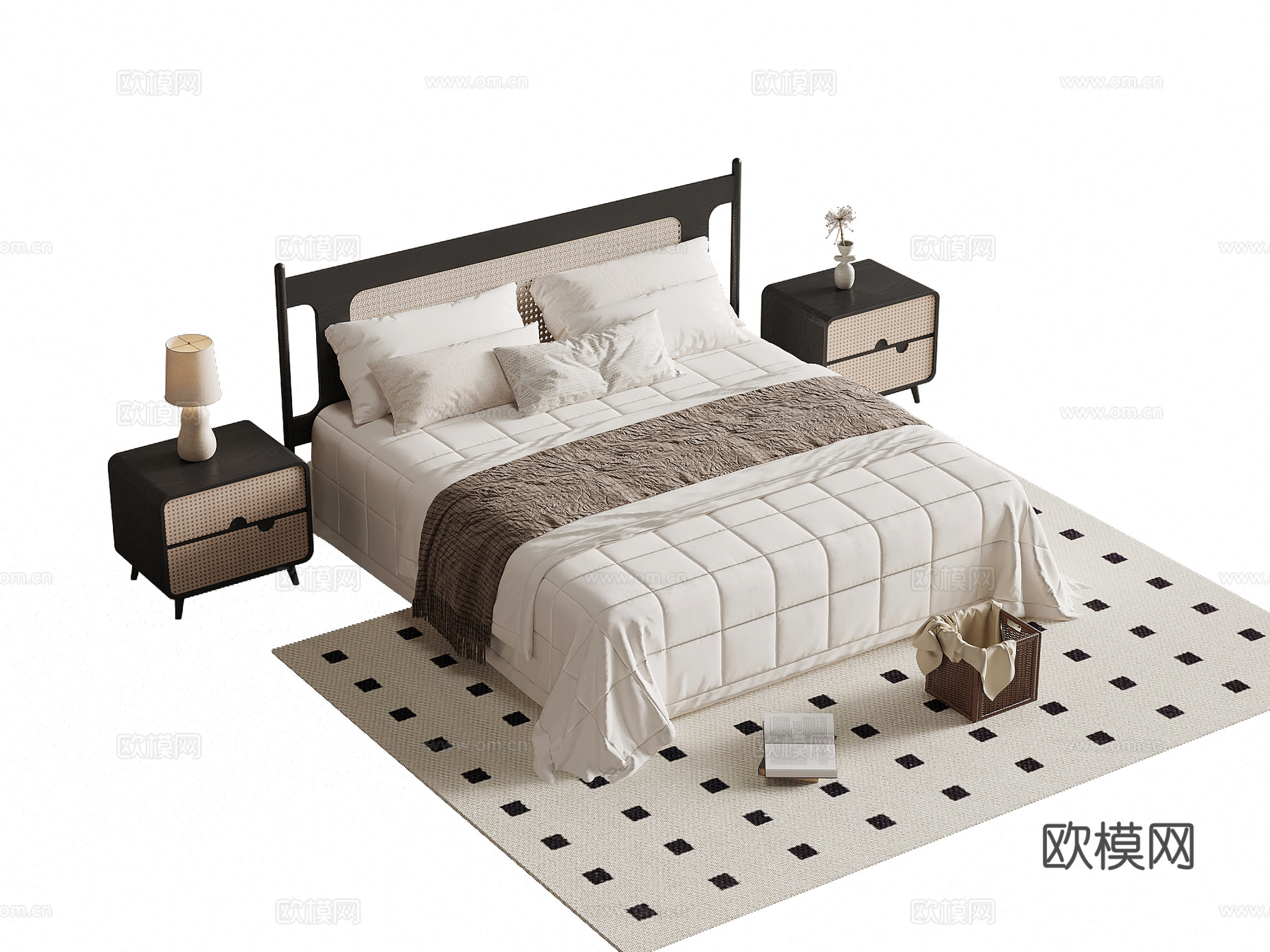 法式复古风双人床 床头柜su模型