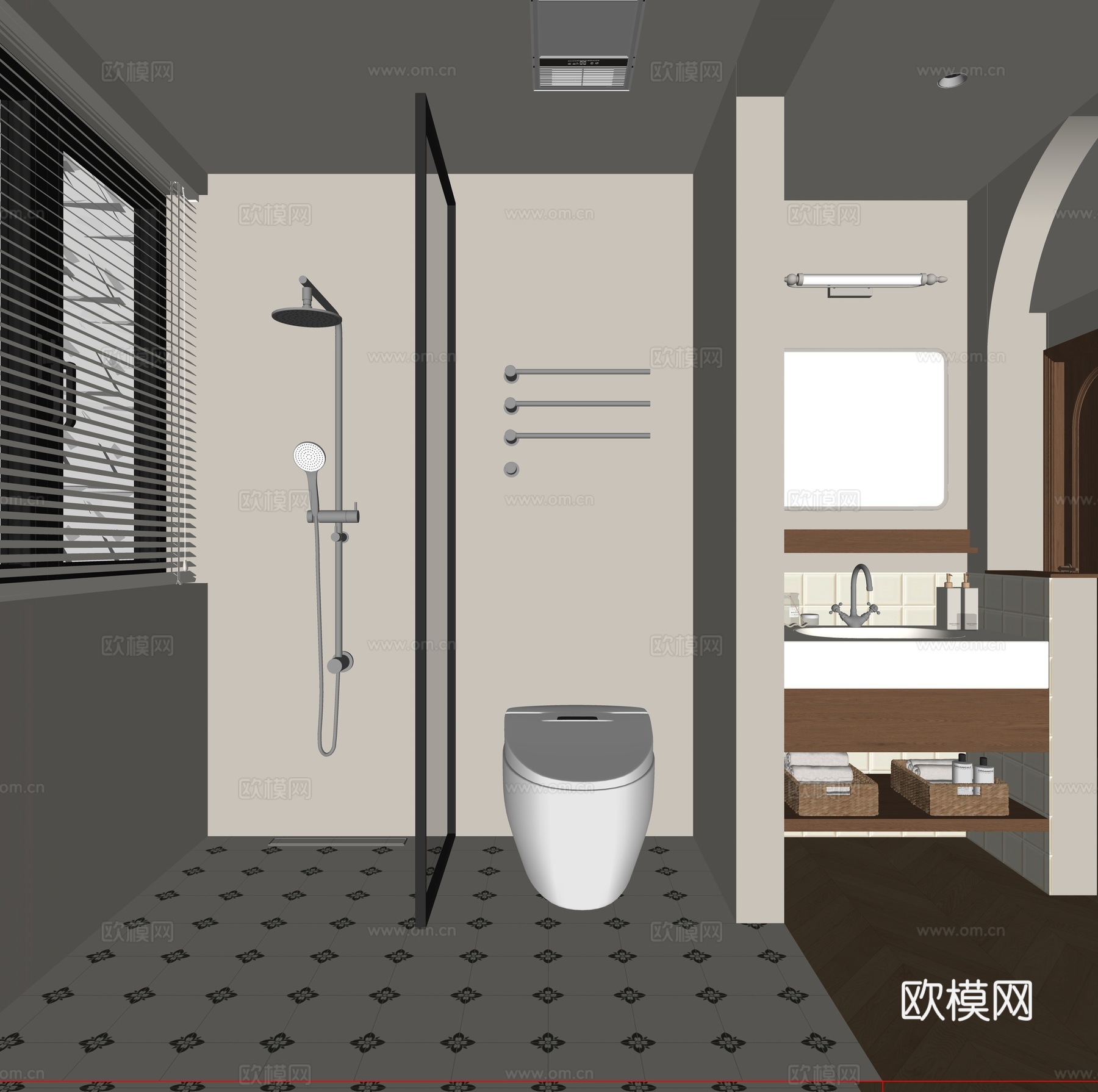 中古风卫生间  浴室柜 花洒 洗手盆 马桶 洗护用品 毛巾架su模型