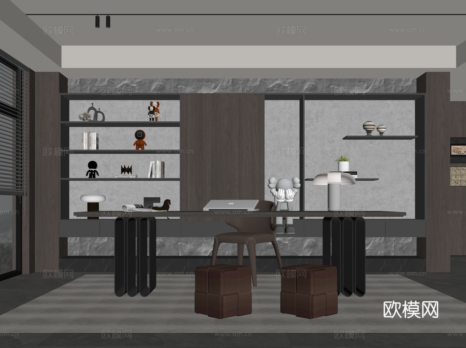 现代意式书房 书柜 书桌椅 办公桌椅su模型