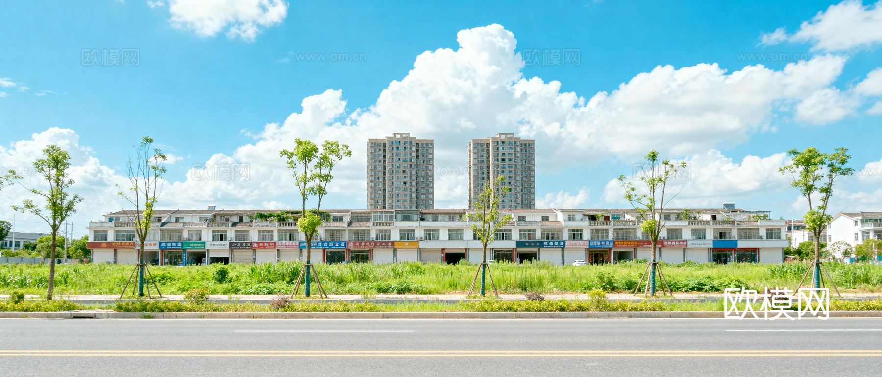 现代城区街景 日景 店面房