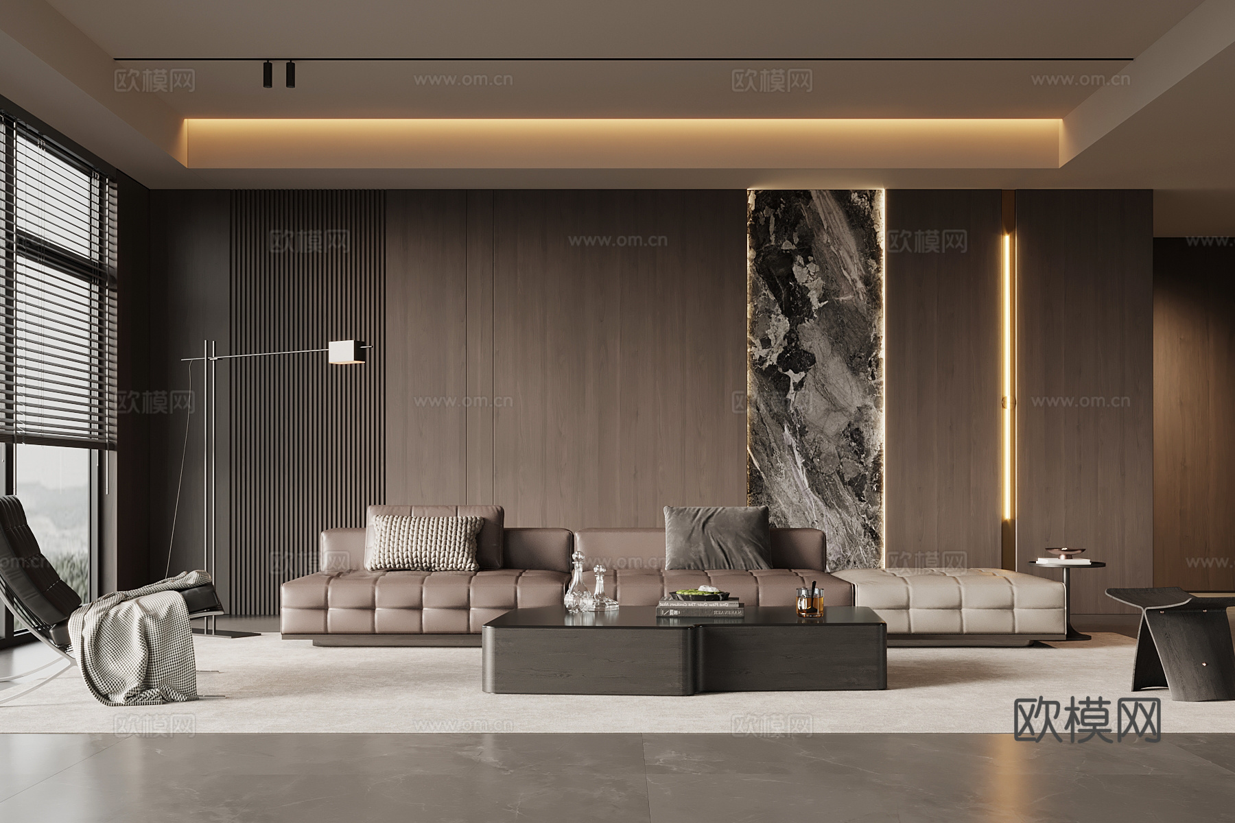 现代意式客厅 沙发背景墙 沙发茶几组合su模型