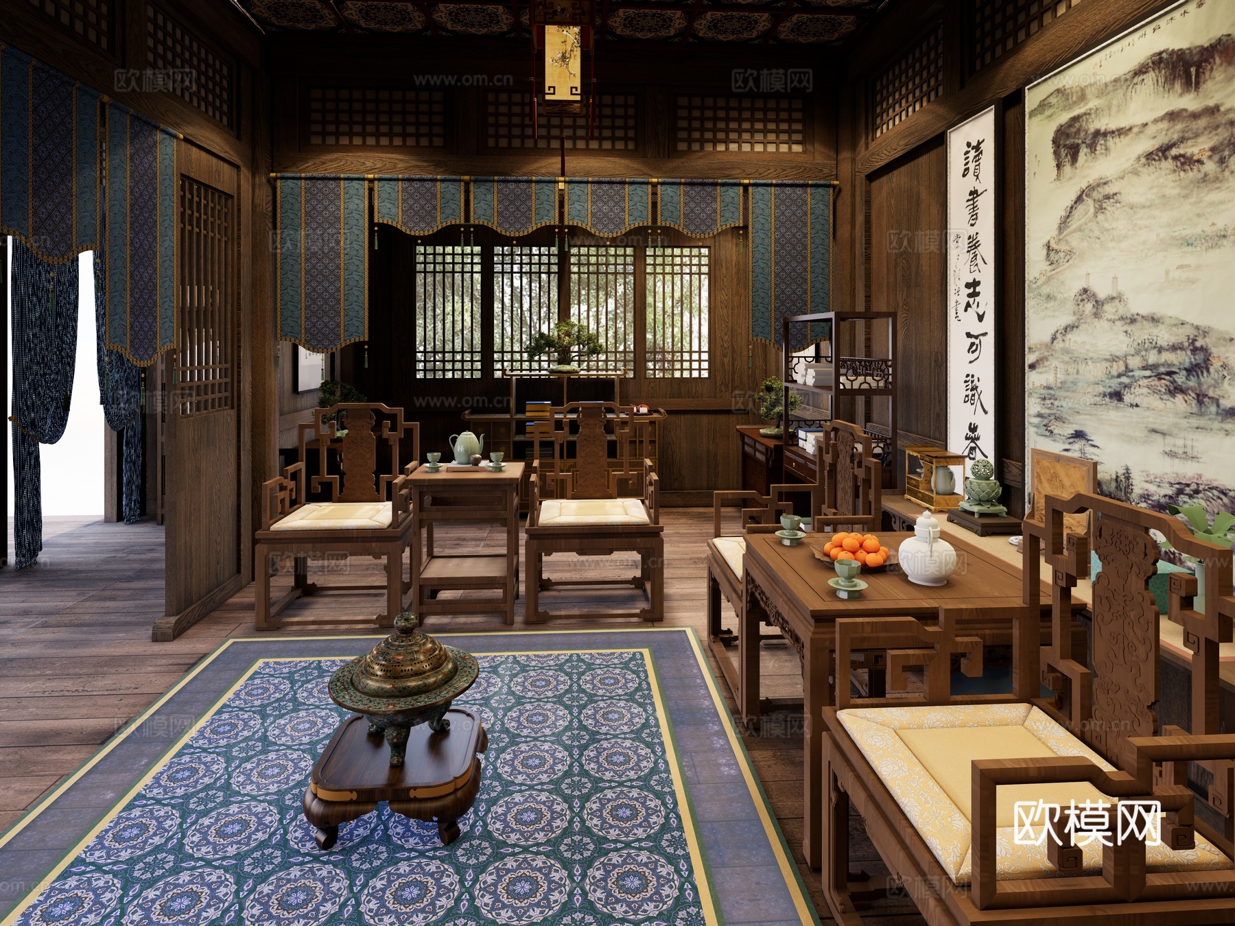 新中式中式影视 古代会客厅 唐宋会客厅 古风房间 中堂 古风su模型