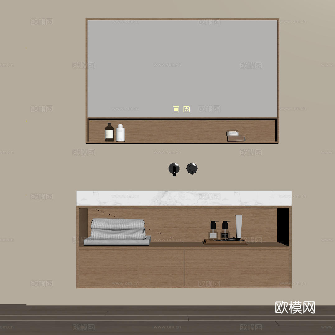 现代极简洗手台 中古浴室柜 台盆柜 装饰品摆件 镜子 卫生间su模型
