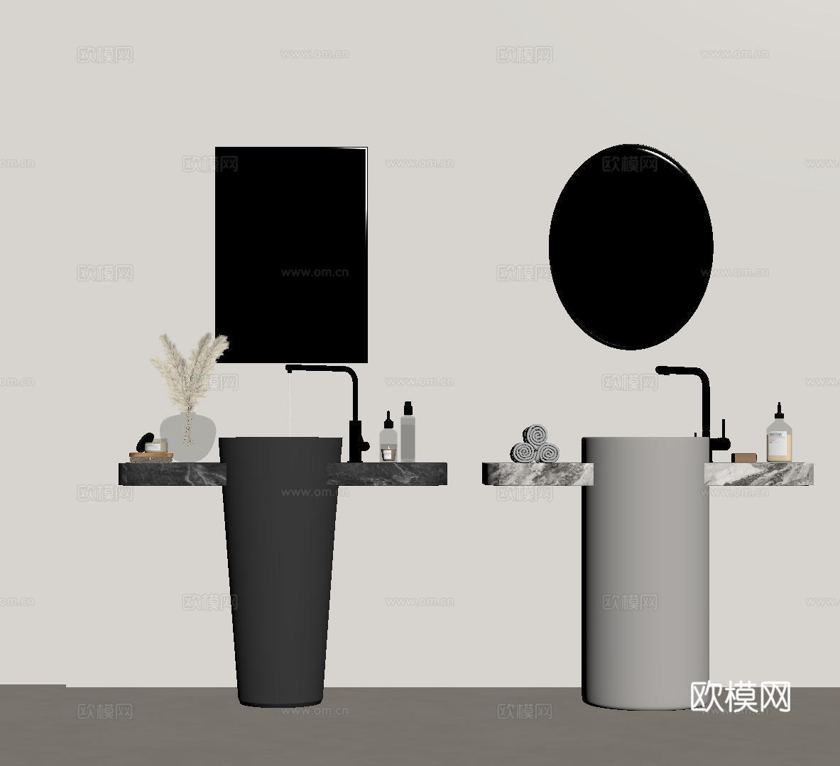 现代极简洗手台 中古浴室柜 台盆柜 装饰品摆件 镜子 卫生间su模型