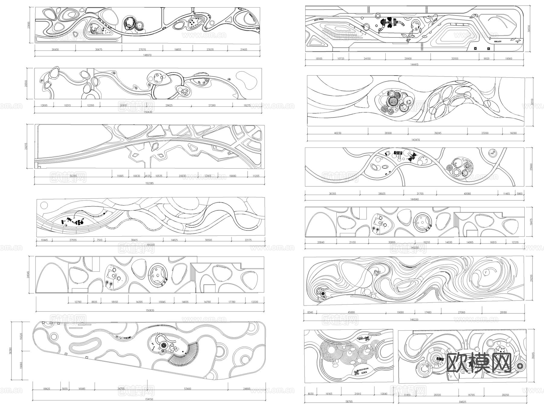 13套线性带状口袋公园景观规划CAD平面布局cad施工图