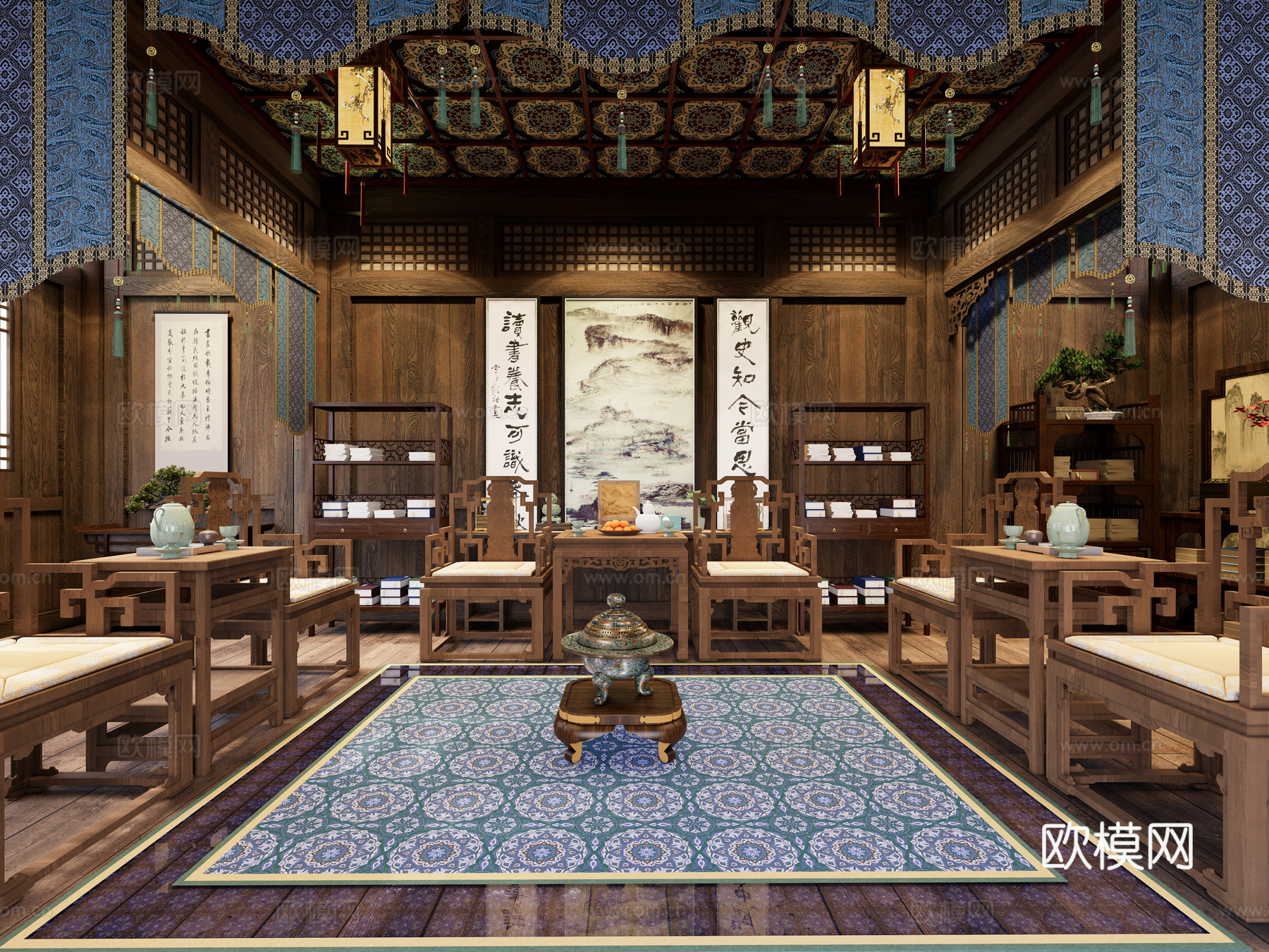 新中式中式影视 古代会客厅 唐宋会客厅 古风房间 中堂 古风su模型