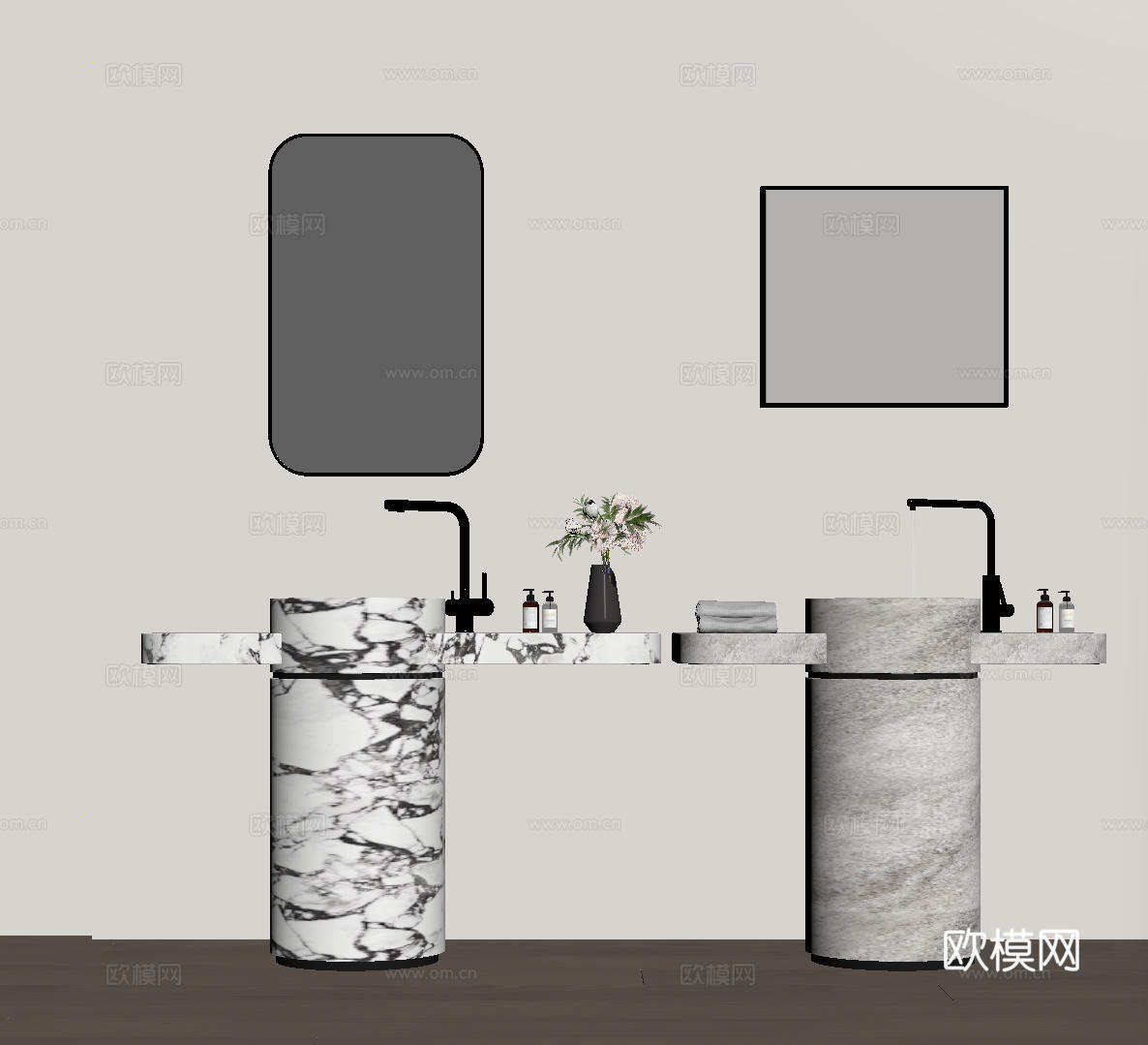 现代极简洗手台 中古浴室柜 台盆柜 装饰品摆件 镜子 卫生间su模型
