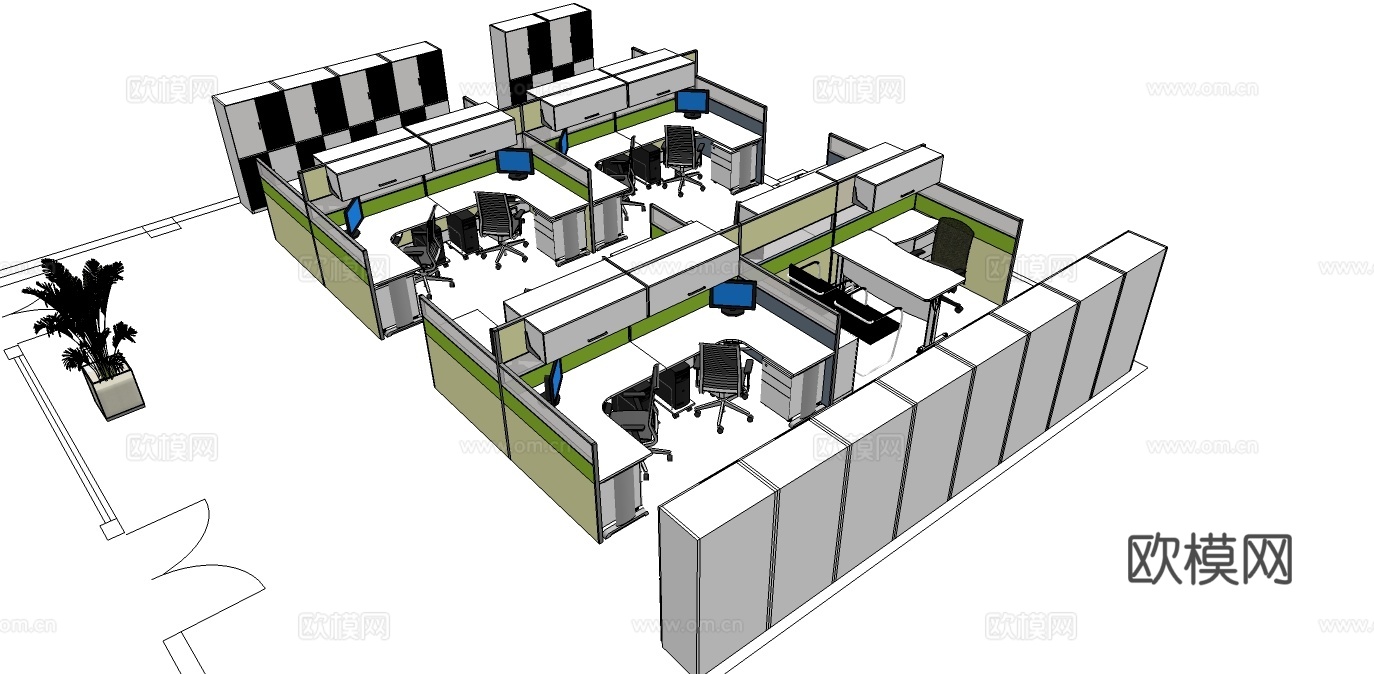 办公桌 工位 屏风卡位 办公椅 文件柜su模型