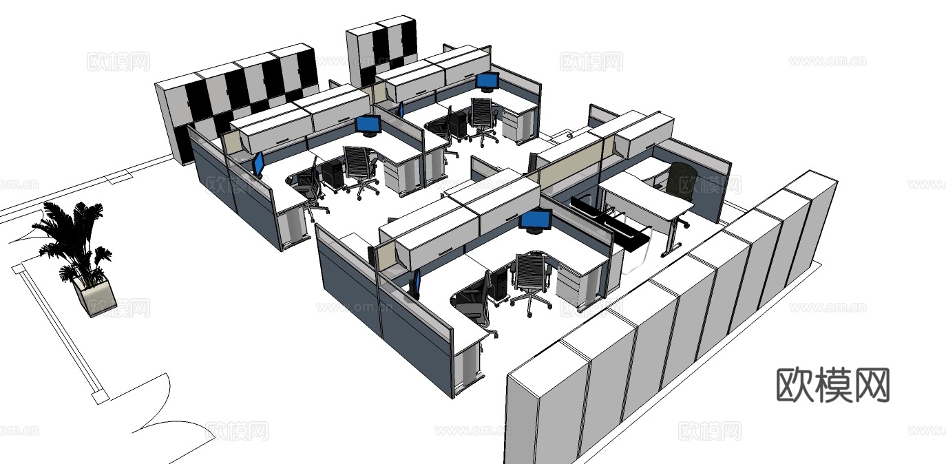 办公桌 工位 屏风卡位 办公椅 文件柜su模型