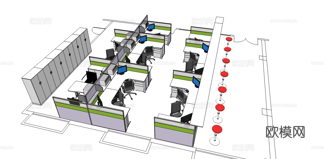 办公桌 工位 屏风卡位 办公椅 文件柜su模型