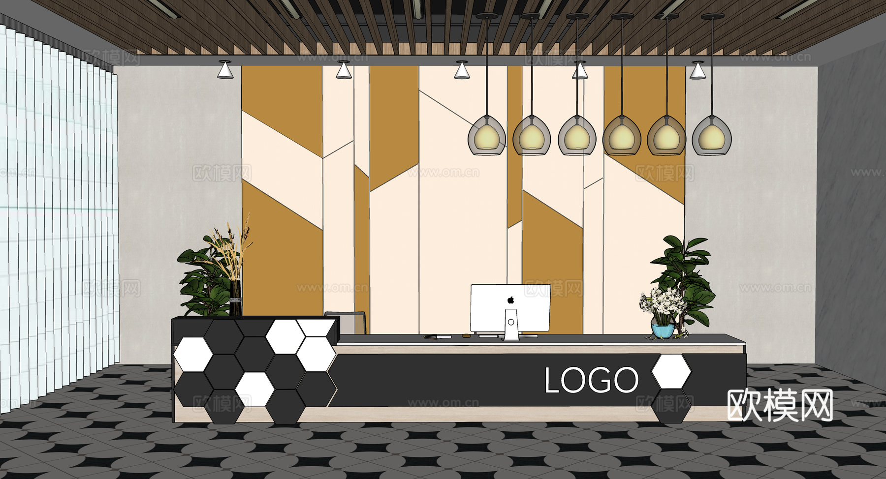 现代简约办公室前台接待台su模型