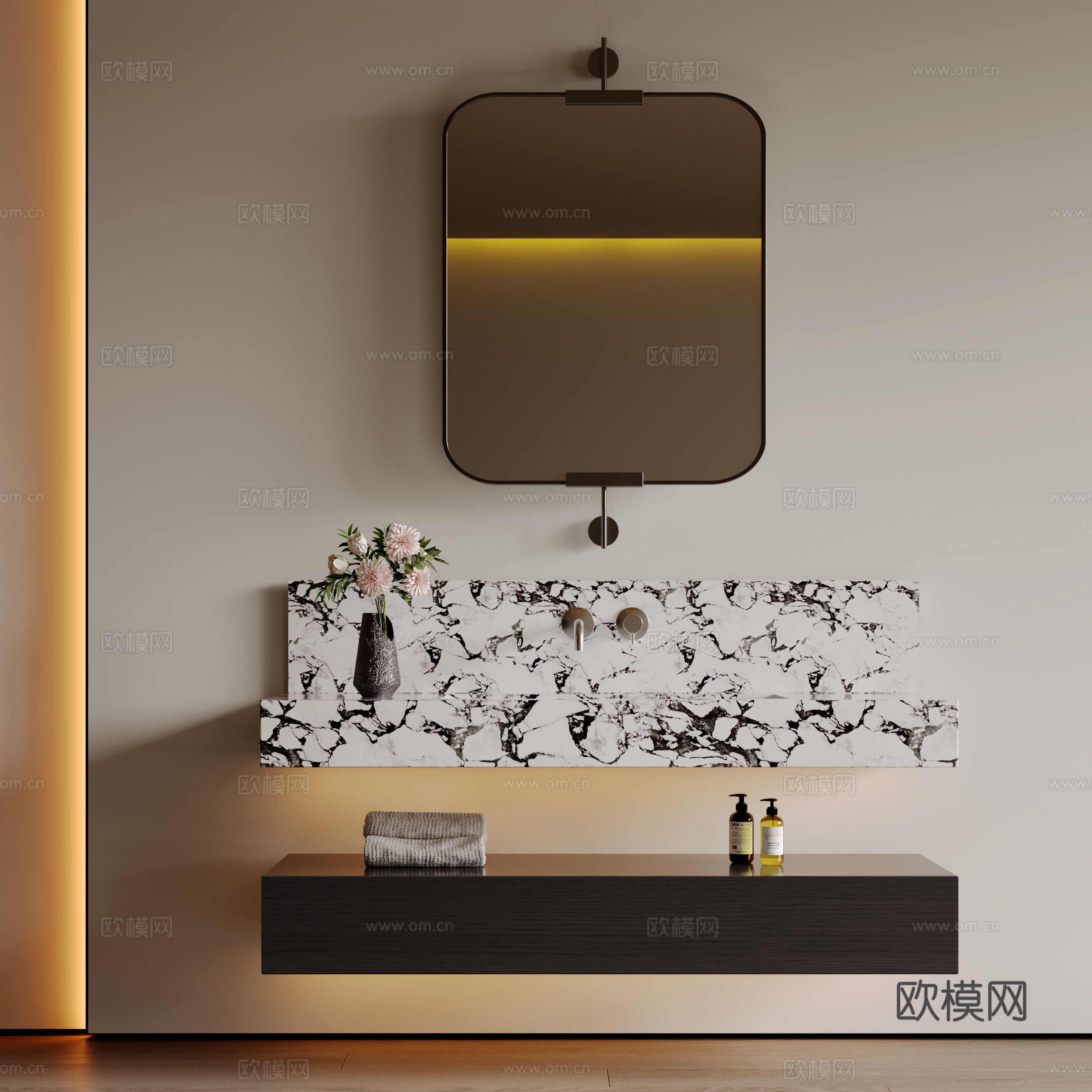 现代极简洗手台 中古浴室柜 台盆柜 装饰品摆件 镜子 卫生间su模型