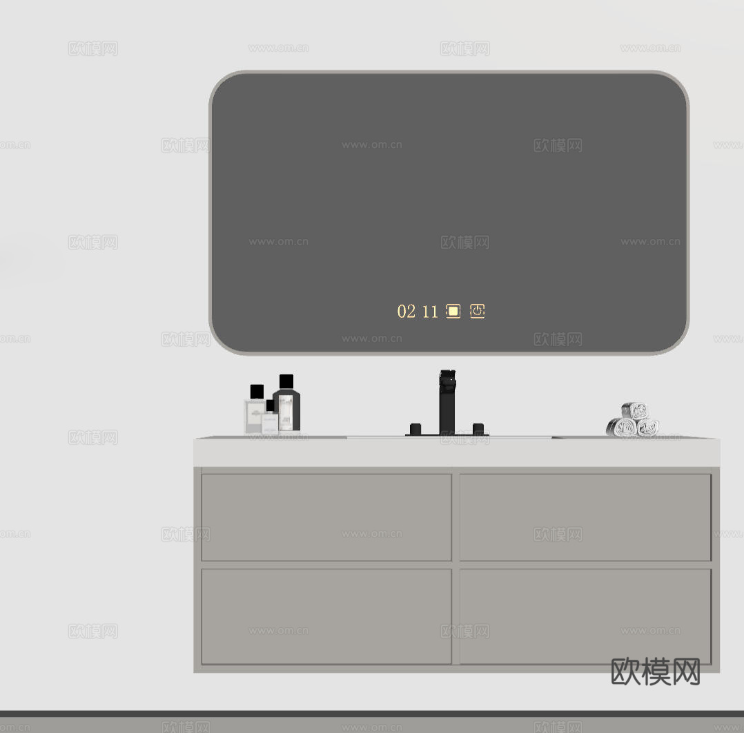 现代极简洗手台 中古浴室柜 台盆柜 装饰品摆件 镜子 卫生间su模型