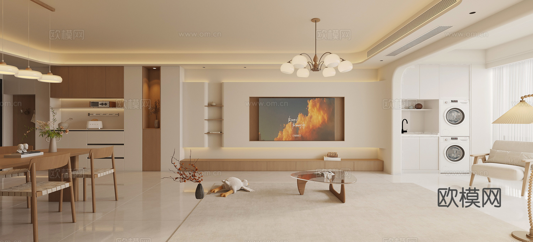 奶油客餐厅 奶油原木3d模型下载（渲染图2）