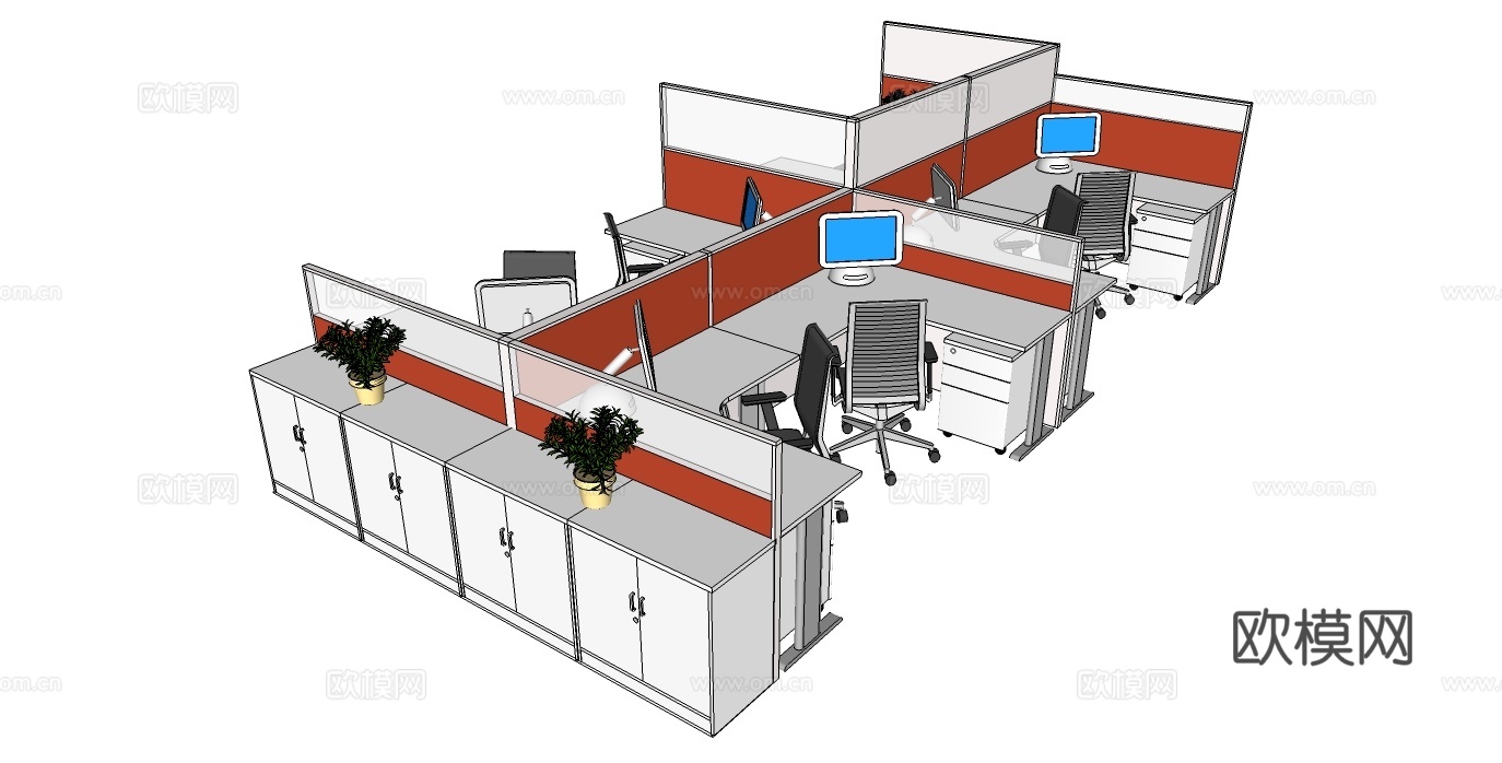 办公桌 工位 屏风卡位 办公椅 文件柜su模型下载