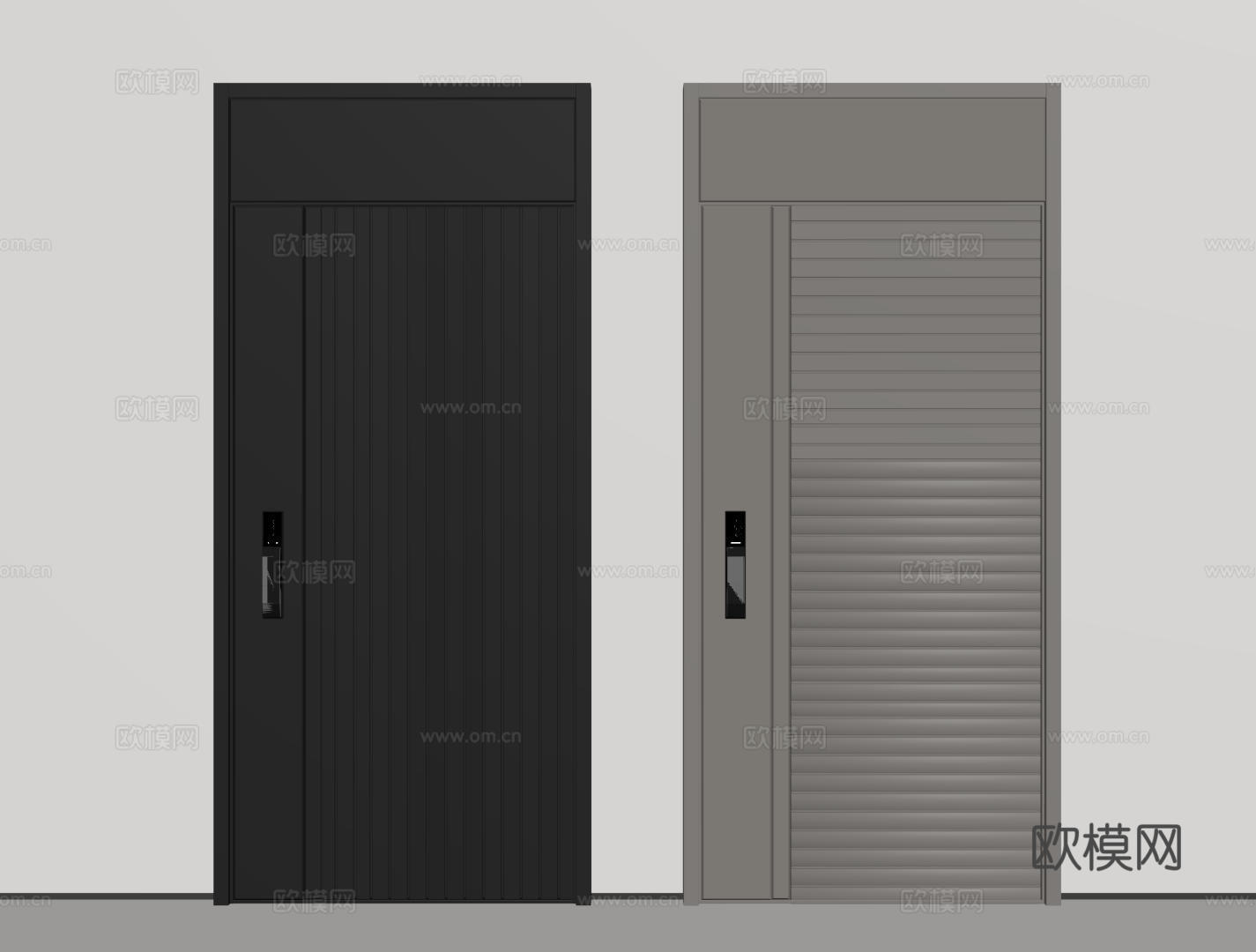 现代极简单开门 中古防盗门 通顶入户门 子母门 密码门 别墅su模型