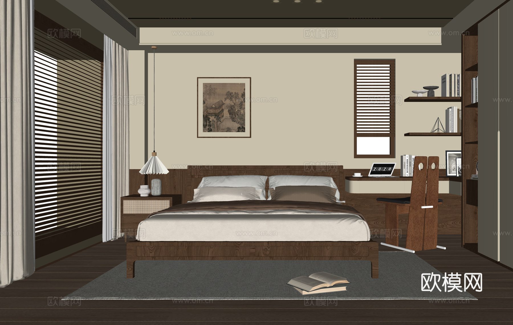 现代卧室 双人床su模型