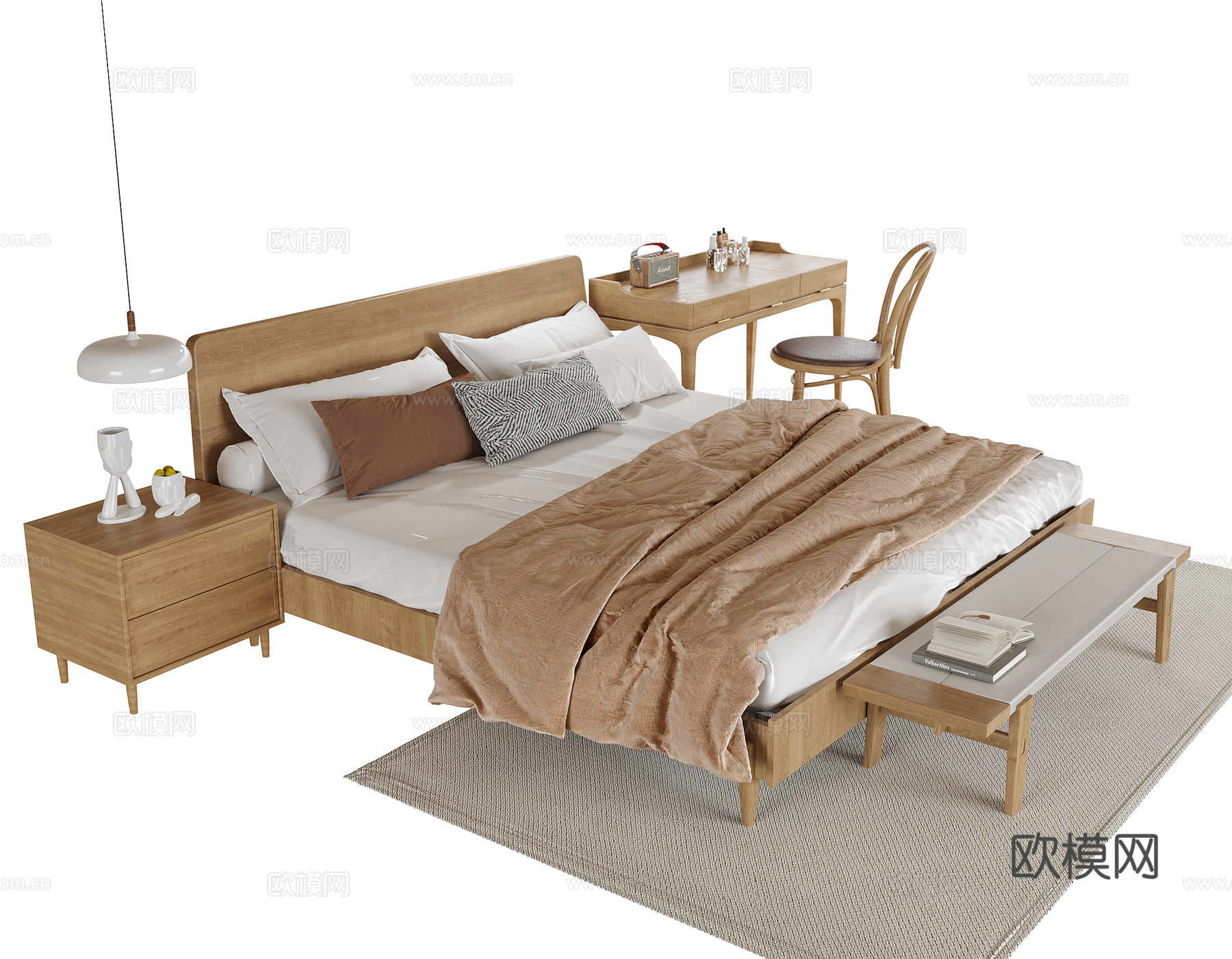 现代双人床 床头柜 梳妆台su模型
