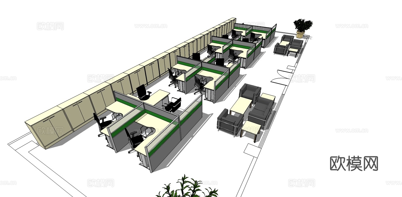 办公桌 工位 屏风卡位 办公椅 文件柜 沙发 茶几su模型