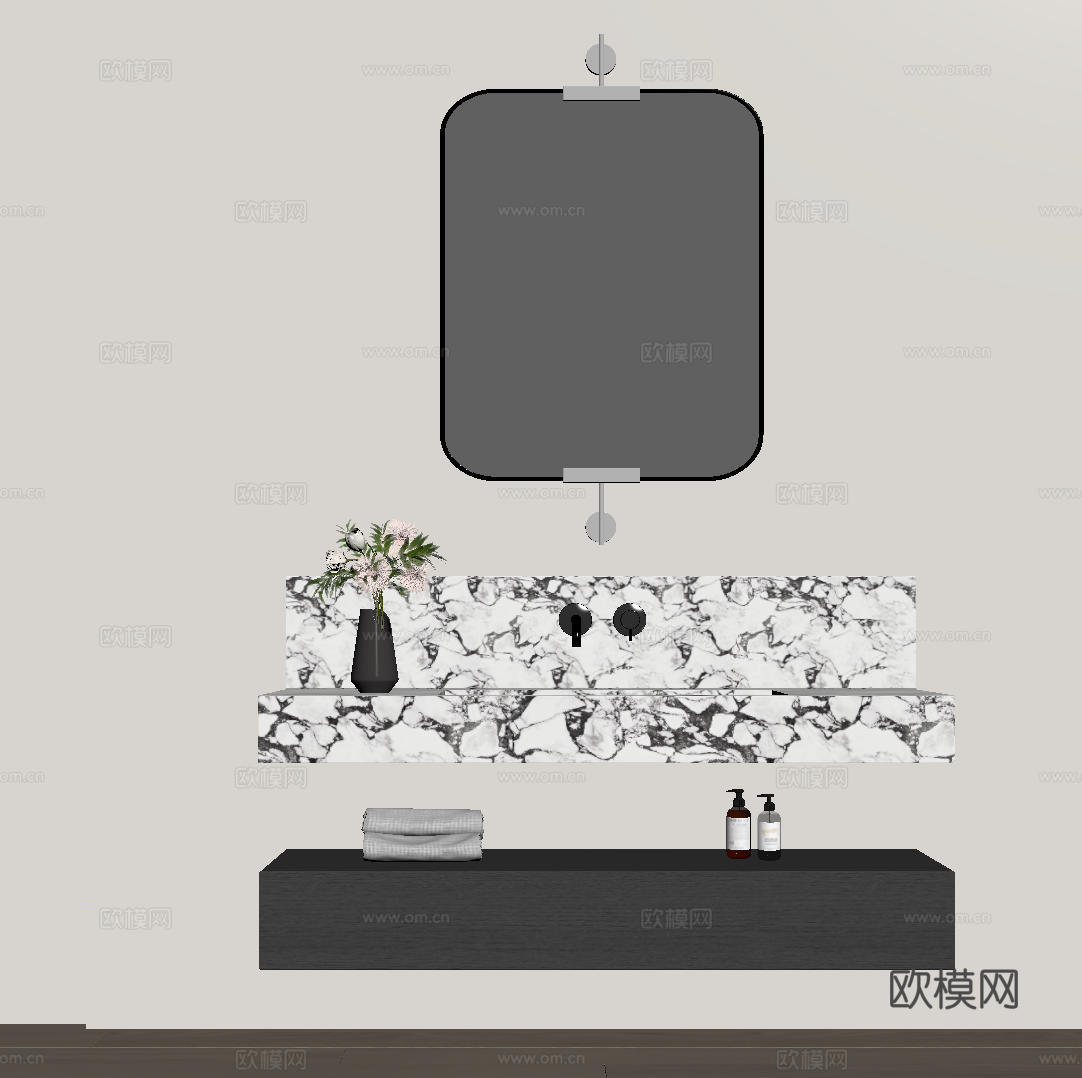 现代极简洗手台 中古浴室柜 台盆柜 装饰品摆件 镜子 卫生间su模型