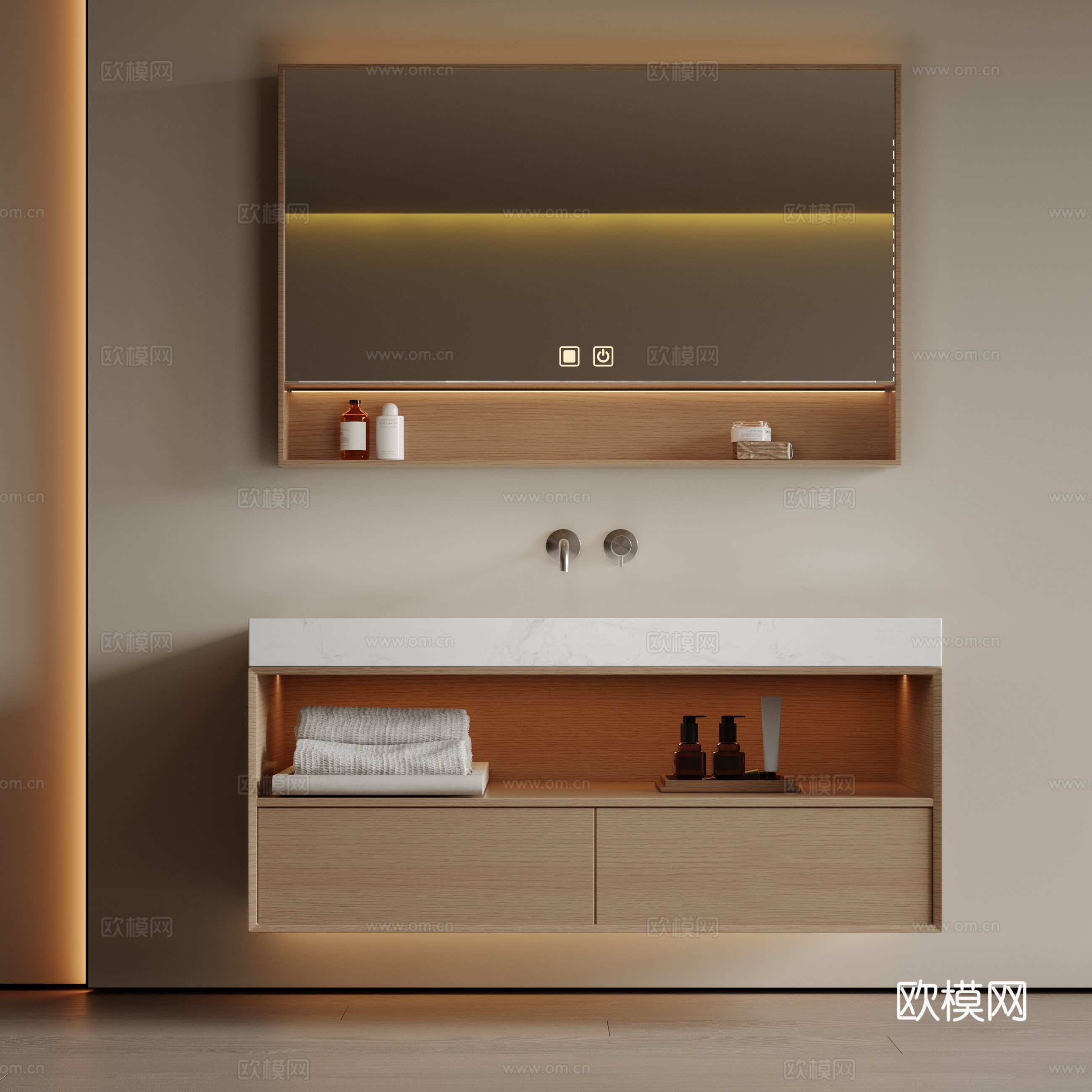 现代极简洗手台 中古浴室柜 台盆柜 装饰品摆件 镜子 卫生间su模型