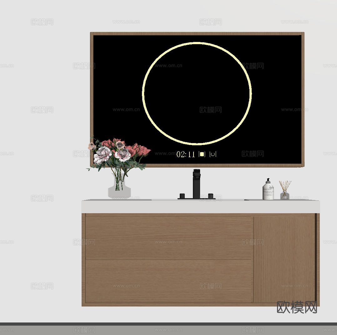 现代极简洗手台 中古浴室柜 台盆柜 装饰品摆件 镜子 卫生间su模型