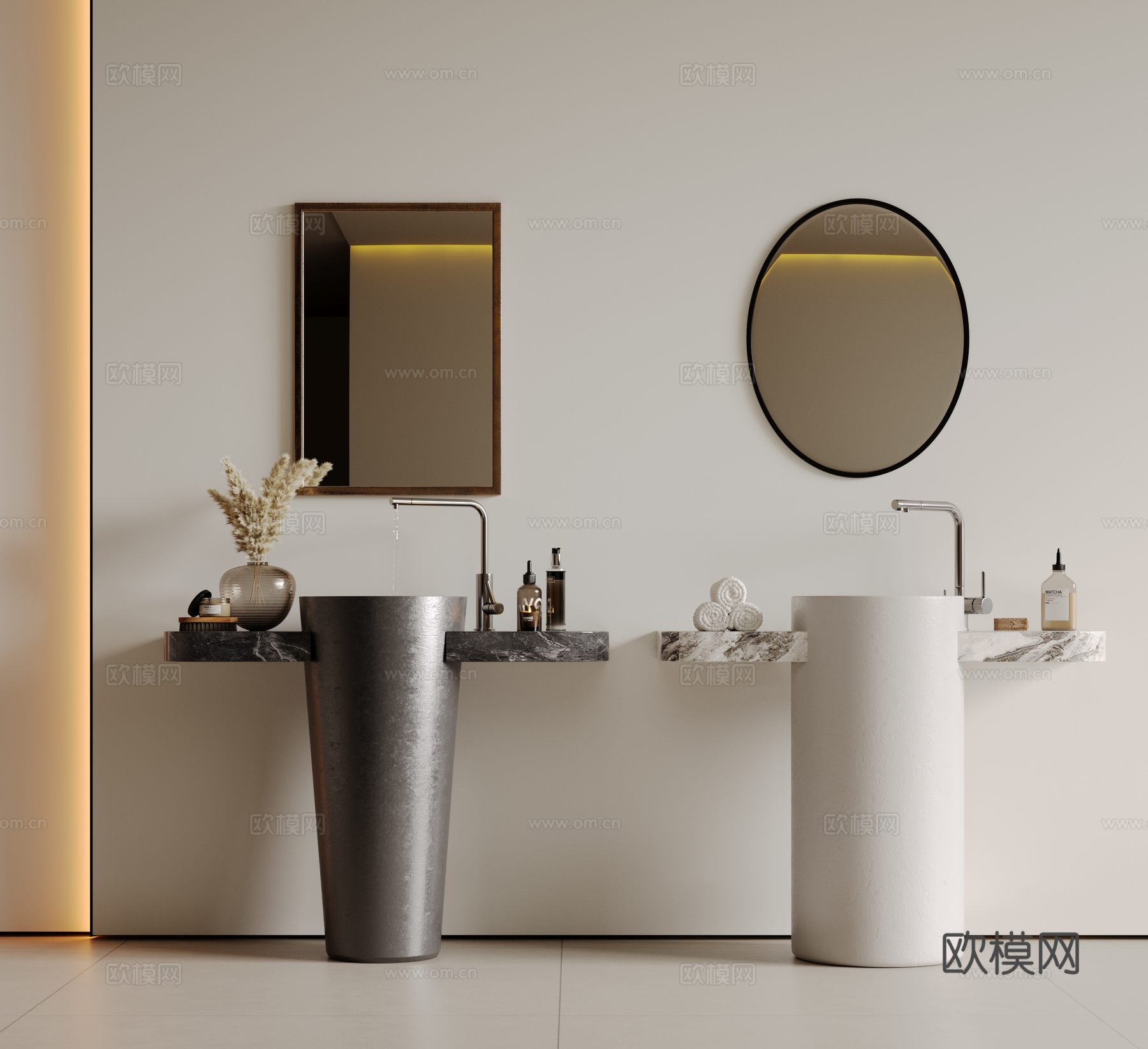 现代极简洗手台 中古浴室柜 台盆柜 装饰品摆件 镜子 卫生间su模型