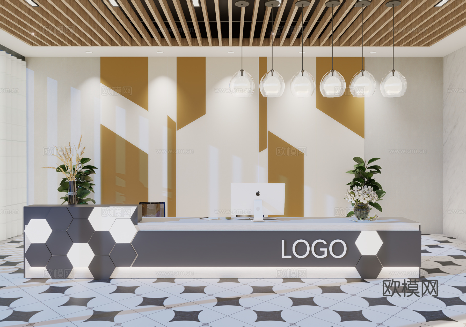 现代简约办公室前台接待台su模型