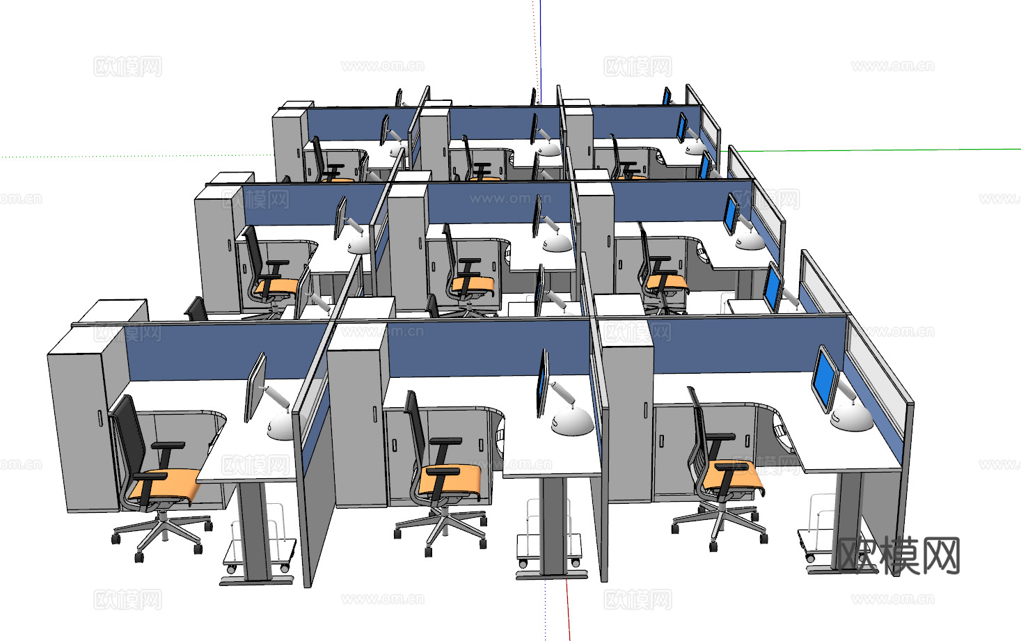 办公桌 工位 屏风卡位 办公椅 文件柜su模型
