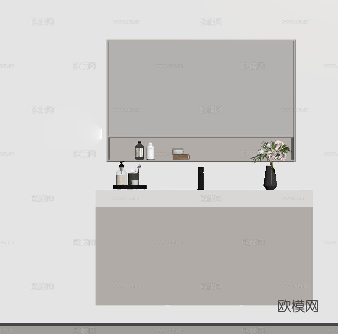 现代极简洗手台 中古浴室柜 台盆柜 装饰品摆件 镜子 卫生间su模型