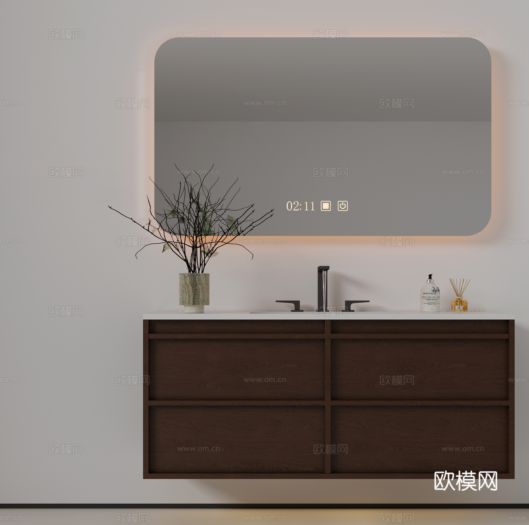 现代极简洗手台 中古浴室柜 台盆柜 装饰品摆件 镜子 卫生间su模型