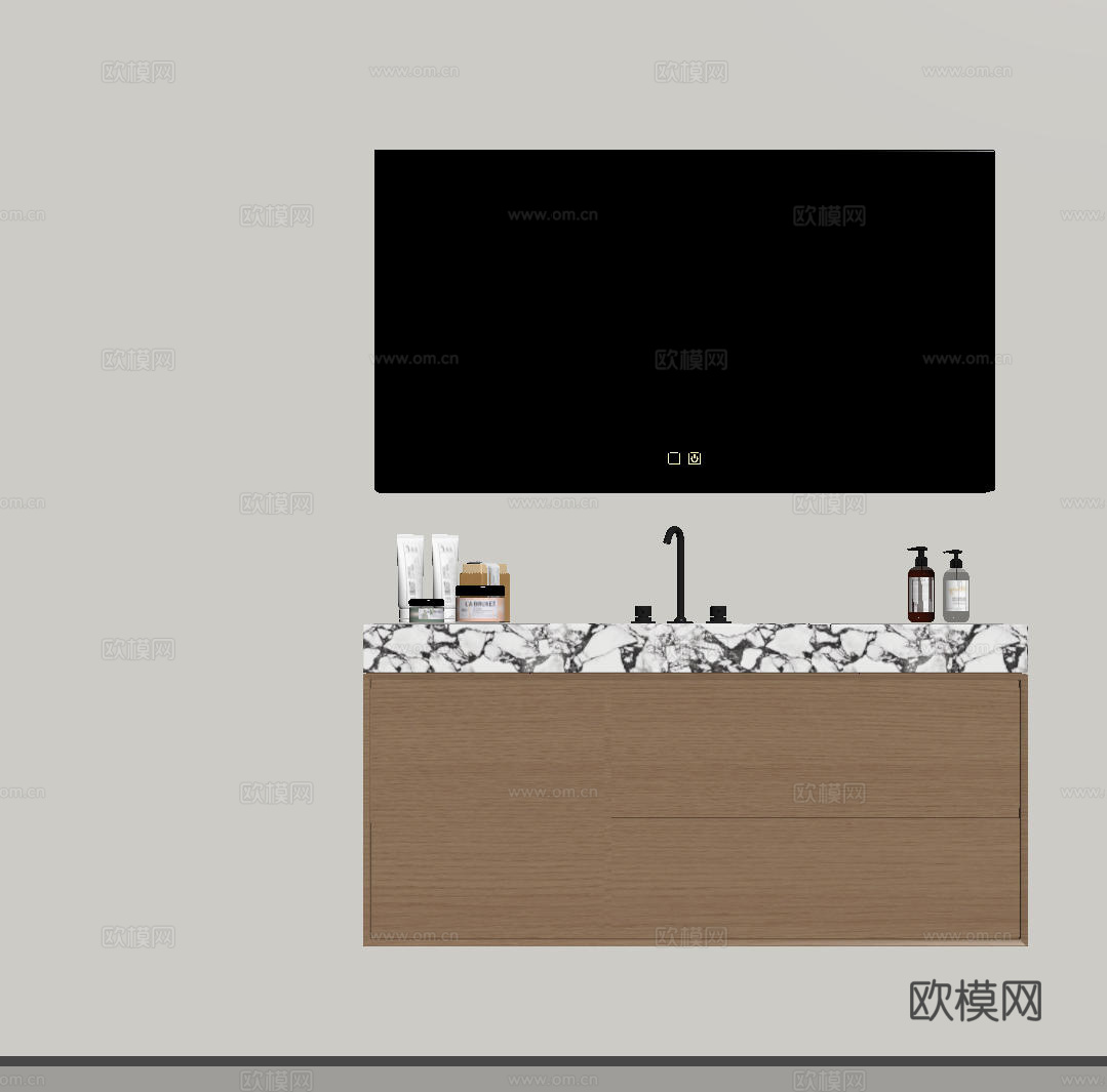 现代极简洗手台 中古浴室柜 台盆柜 装饰品摆件 镜子 卫生间su模型