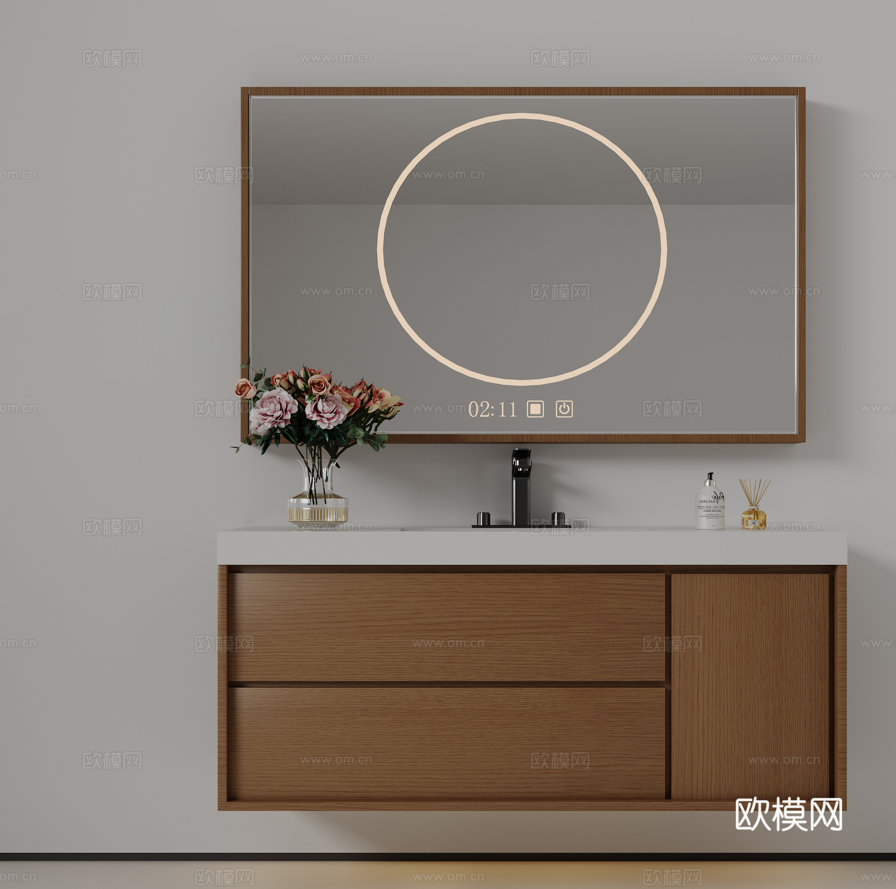 现代极简洗手台 中古浴室柜 台盆柜 装饰品摆件 镜子 卫生间su模型