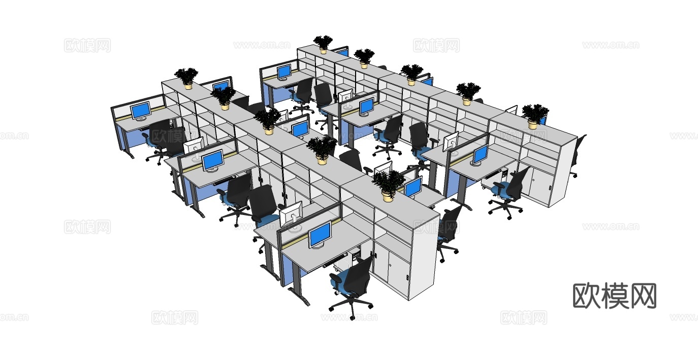 办公桌 工位 屏风卡位 办公椅 文件柜su模型