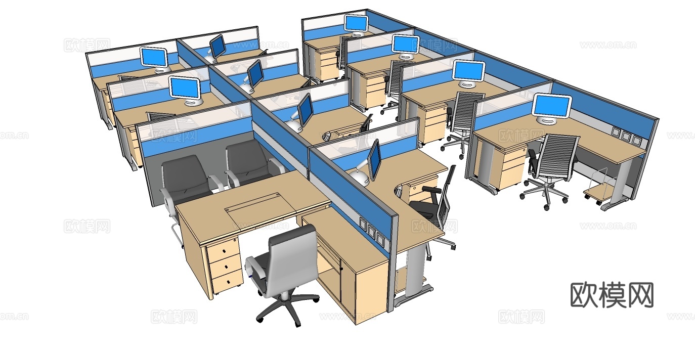 办公桌 工位 屏风卡位 办公椅 文件柜su模型