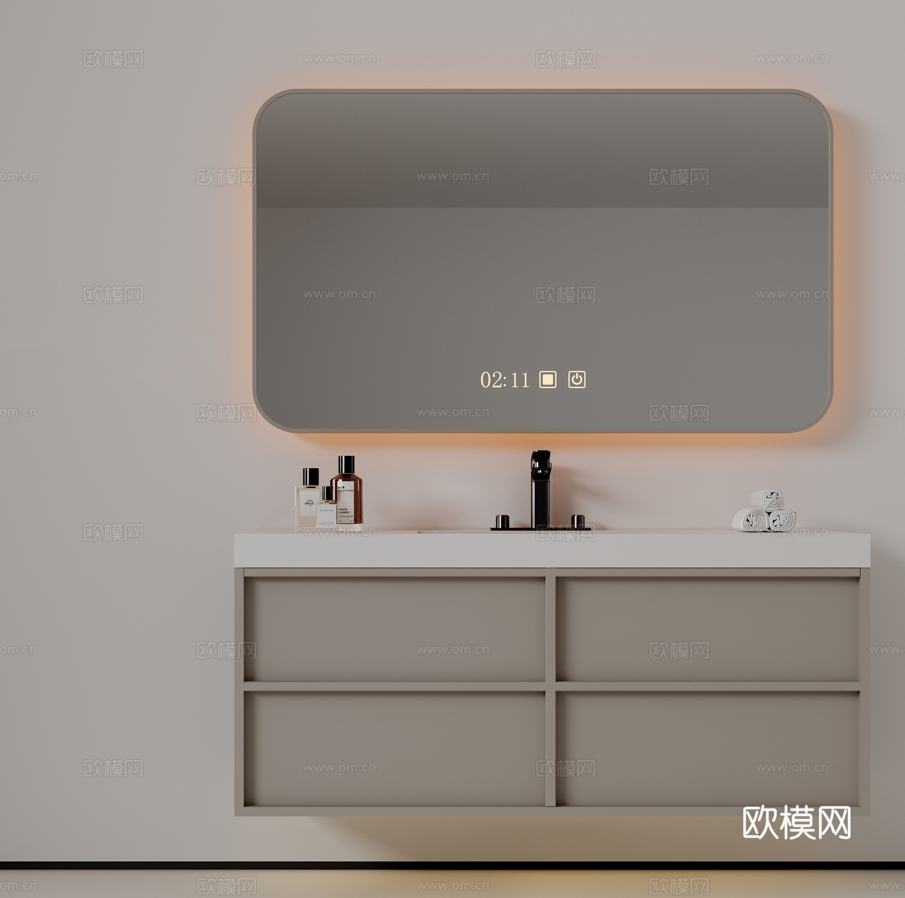 现代极简洗手台 中古浴室柜 台盆柜 装饰品摆件 镜子 卫生间su模型