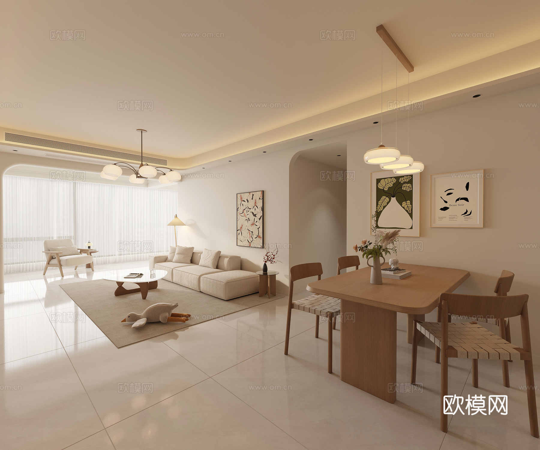 奶油客餐厅 奶油原木3d模型下载（渲染图1）