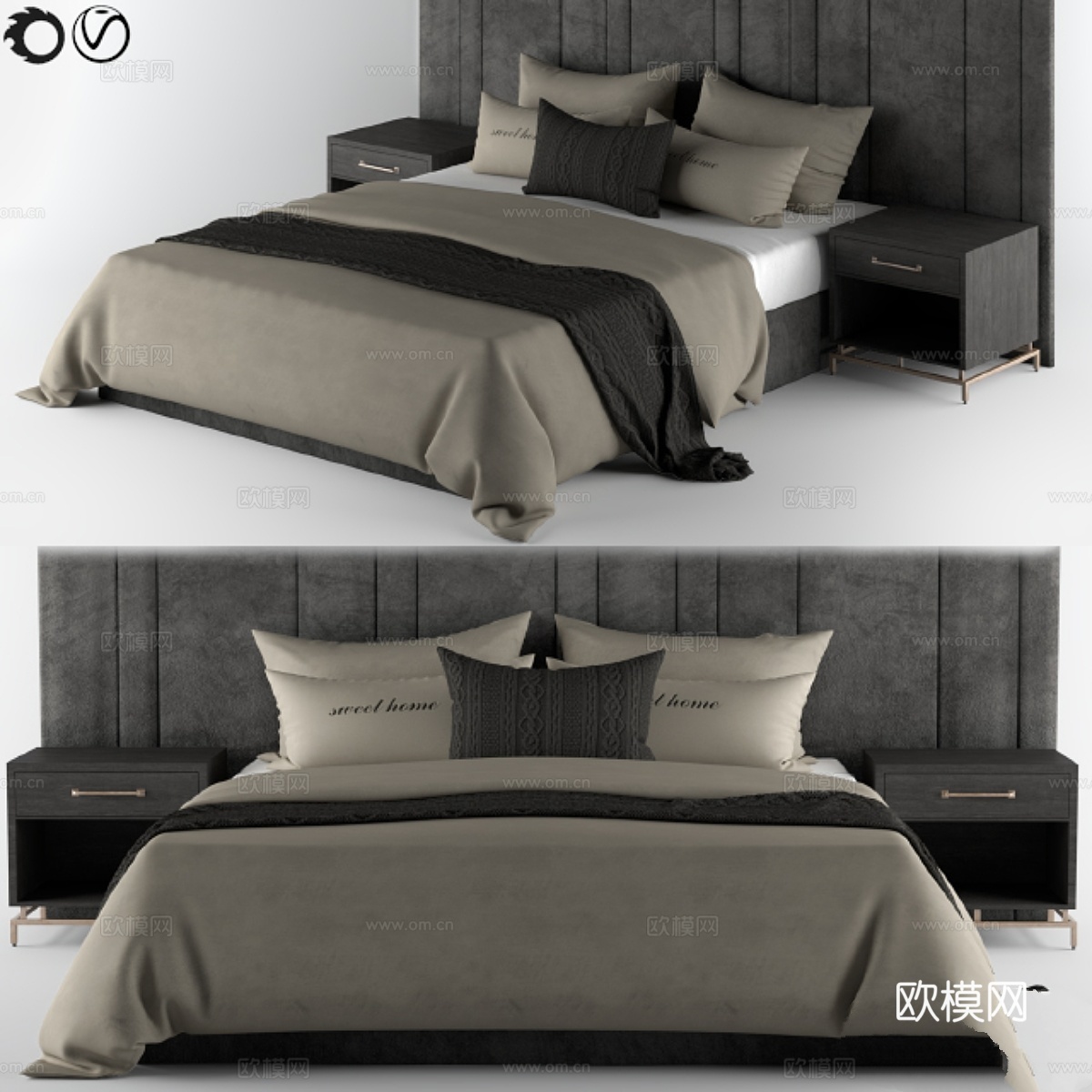 奶油与黑色床品套装3d模型