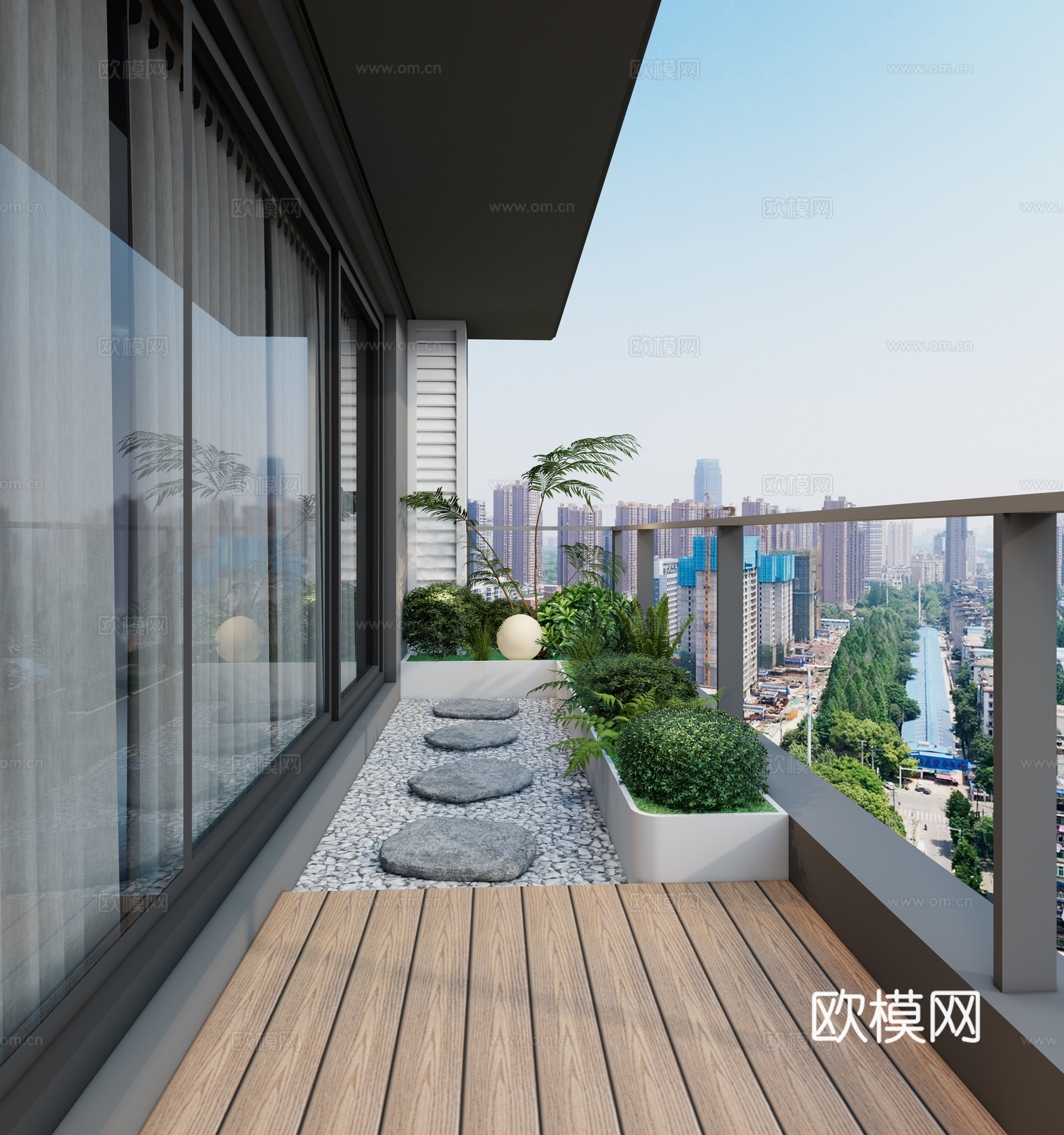 现代居家阳台 单人摇椅 花池绿植 汀步砾石su模型