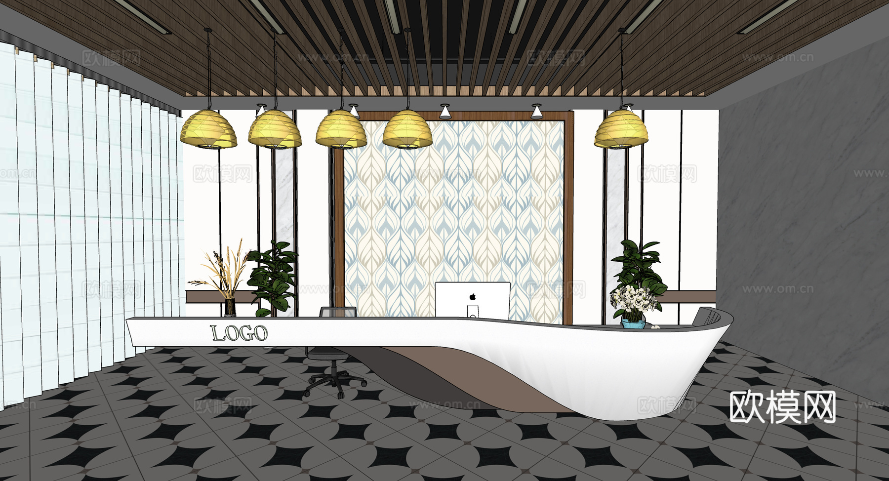 0032现代简约办公室前台接待台su模型