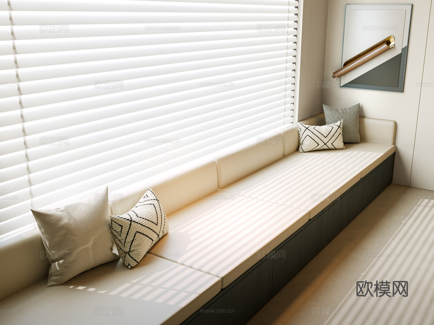 现代飘窗柜 飘窗 中古风坐垫 坐垫 百叶帘 窗帘 现代飘窗垫su模型