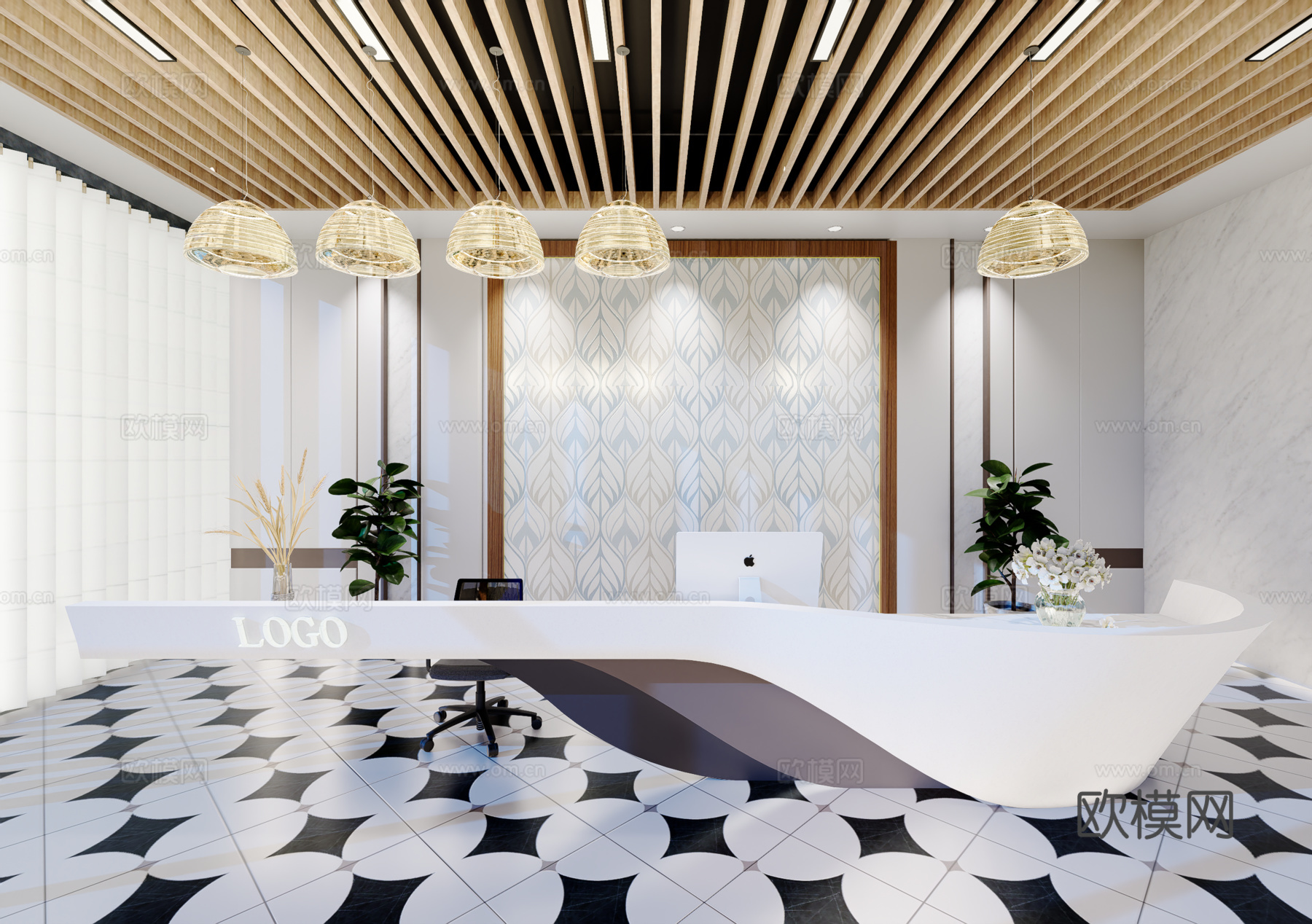 0032现代简约办公室前台接待台su模型