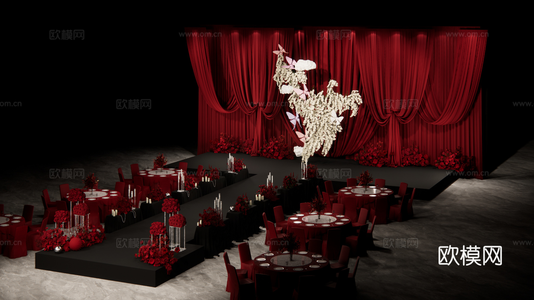 红色布幔秀场风婚礼美陈su模型